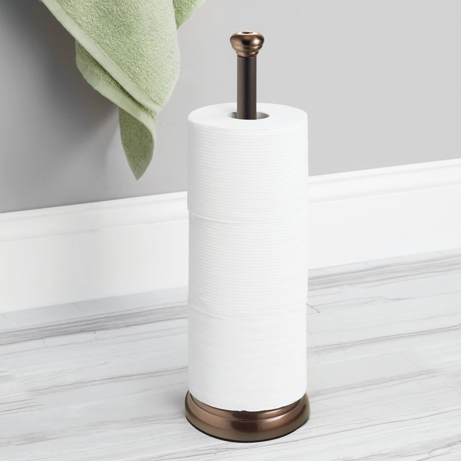 Stainless Steel Free-Standing Toilet Paper Holder with Storage - Holds 3 Rolls - Bronze Bathroom Tissue Organizer for Toilet, Vanity & Cabinet Storage - Hyde Collection - mDesign