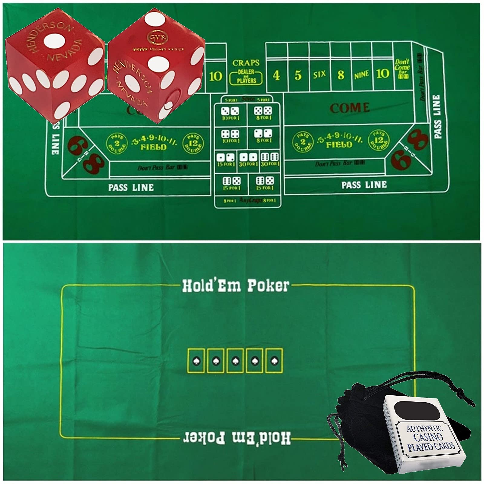 Casino Poker & Craps Set - 6ft x 3ft Felt Layout with Dice & Cards for Home Game Nights