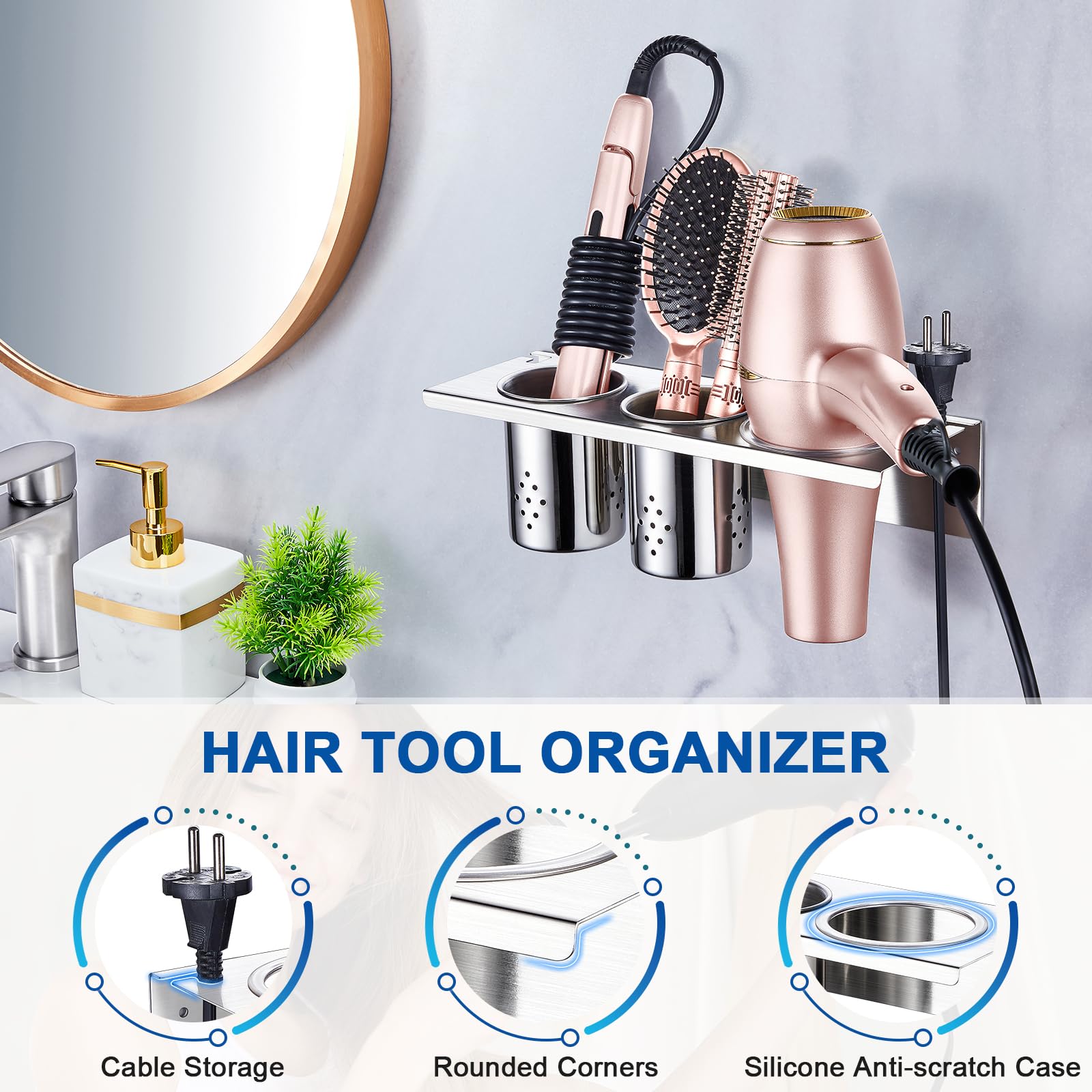 Wall Mount Hair Tool Organizer - Stainless Steel Hair Dryer & Curling Iron Holder with 2 Storage Cups | Bathroom Vanity Organizer for Blow Dryer, Flat Iron & Brushes | Perfect for Salon-Style Home Bathroom Organization