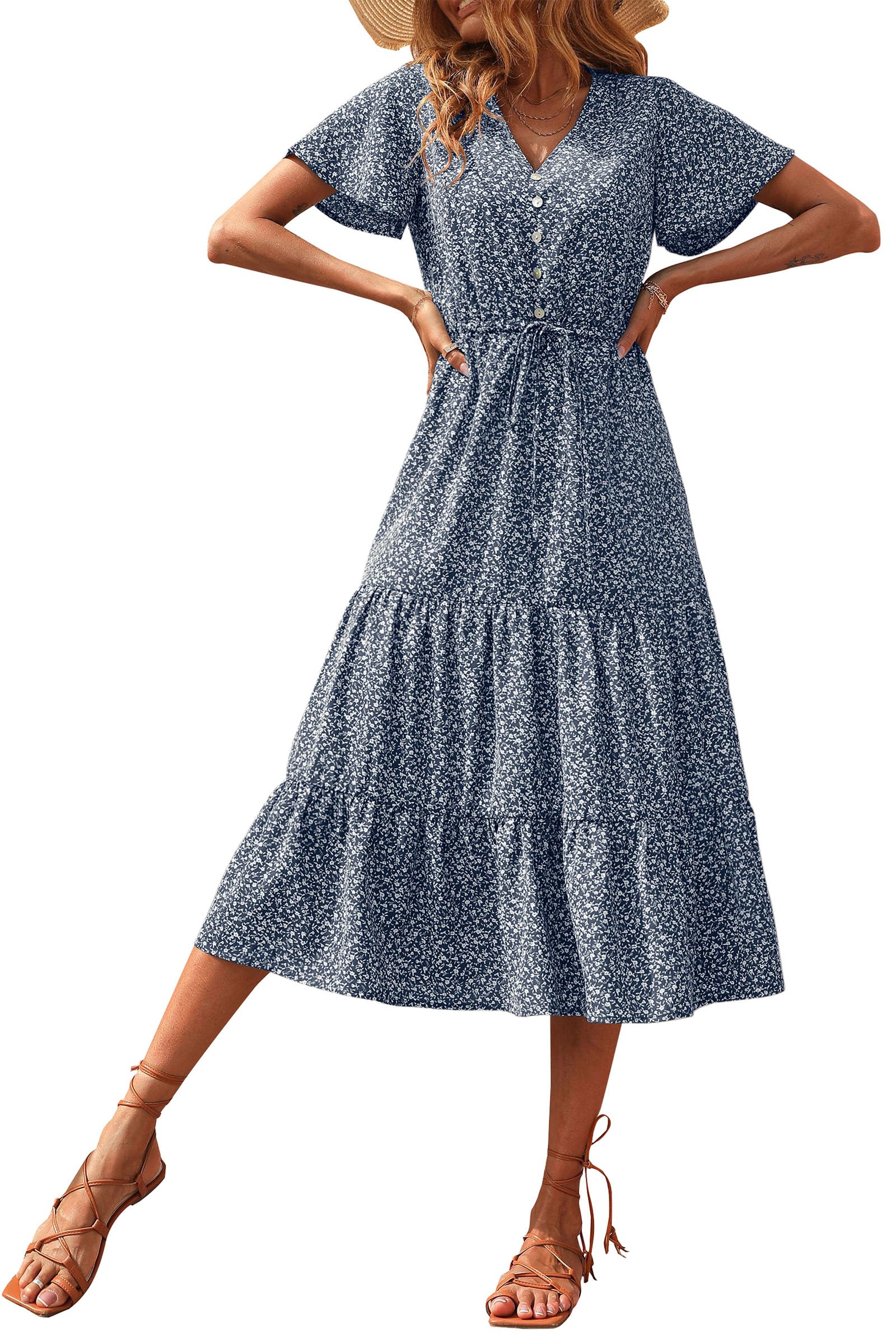 PRETTYGARDEN Women's Floral Maxi Dress - 2025 Summer Casual Short Sleeve V-Neck Tiered Boho Beach Sundress | Perfect for Vacation, Date Night & Outdoor Parties