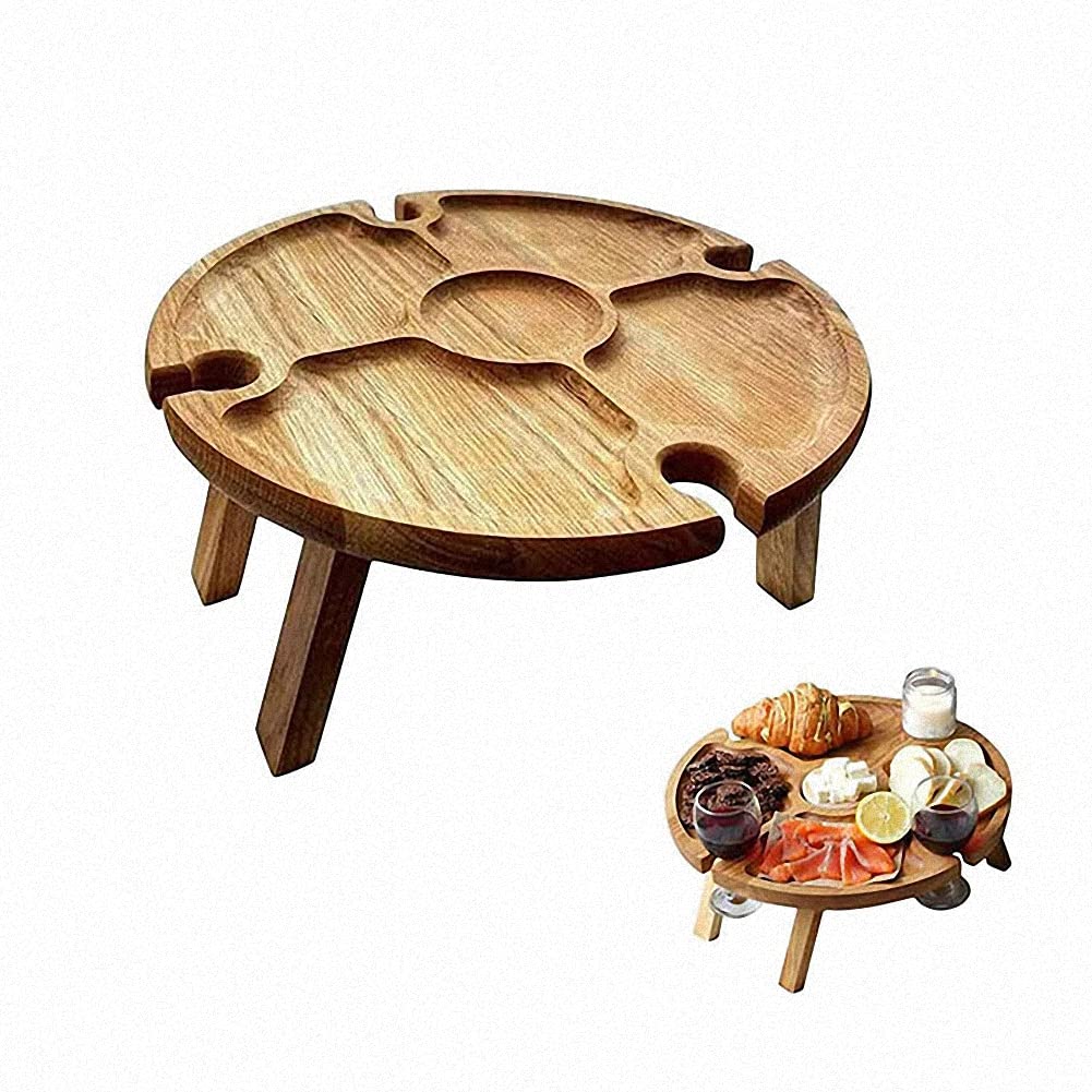 Collapsible Wooden Wine Glass Rack & Folding Picnic Table - Outdoor Round Foldable Desk with Holder for Garden Parties, BBQs, and Camping Trips