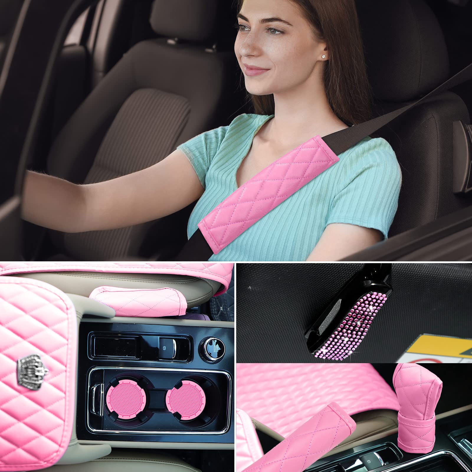 38PCS Pink Rhinestone Car Accessories Set - Seat Covers, Steering Wheel Cover, Handbrake Cover, Seat Belt Covers, Phone Holder & Glasses Holder for Women - Luxury Bling Car Interior Decor for Sedan, SUV, Coupe