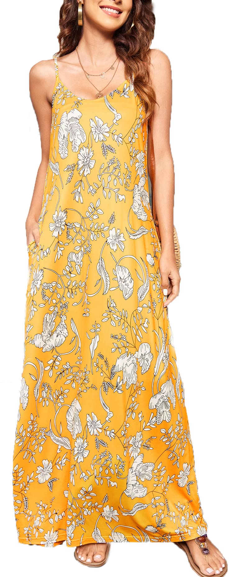 Bohemian Floral Print Women's Maxi Dress with Pockets - Summer Casual Spaghetti Strap Long Dress for Beach, Vacation & Outdoor Events