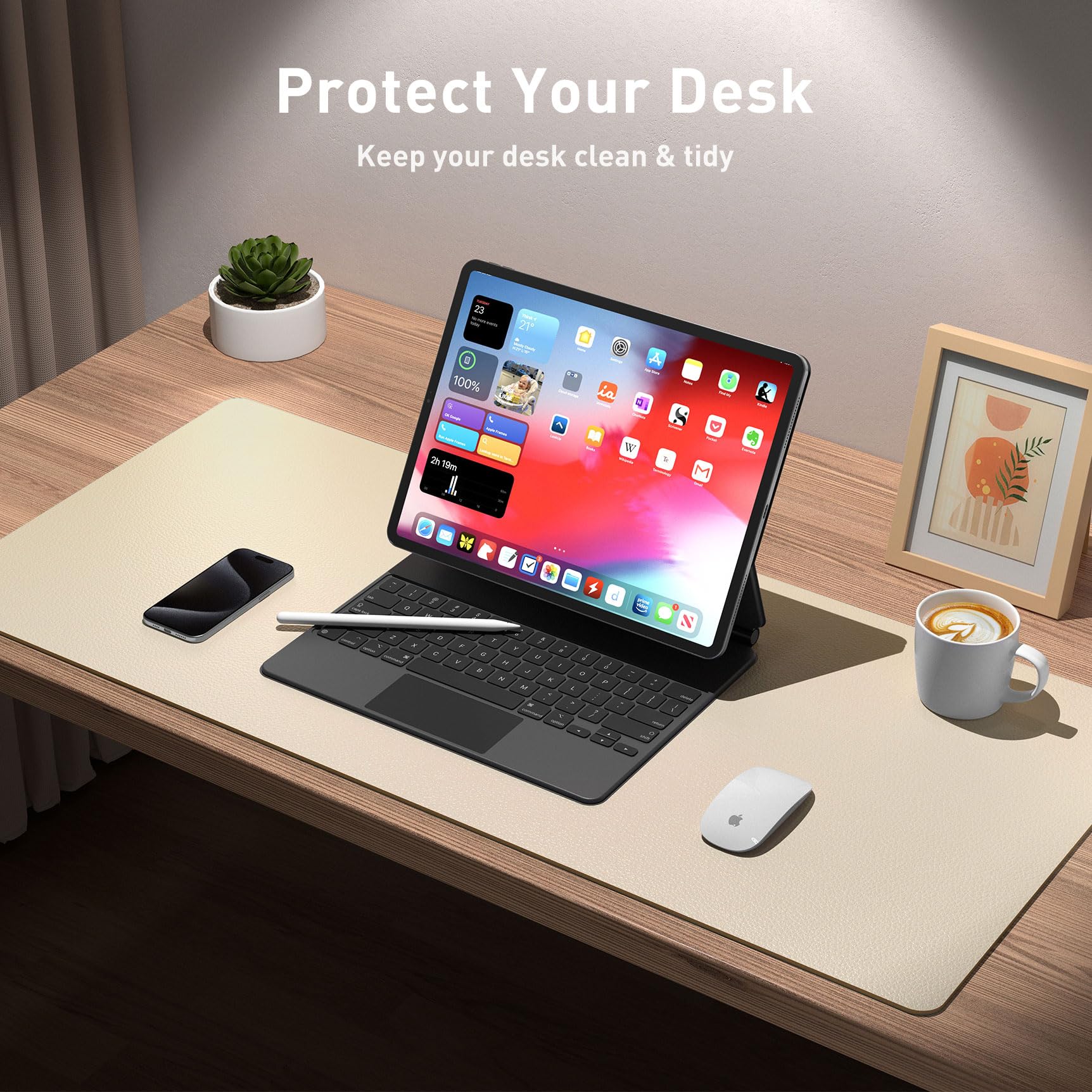 Premium Aothia Leather Desk Pad Protector - Large Non-Slip PU Leather Mouse Pad & Office Mat - Waterproof Writing Surface for Laptop, Computer, Home & Office Workspace (Beige, 23.6