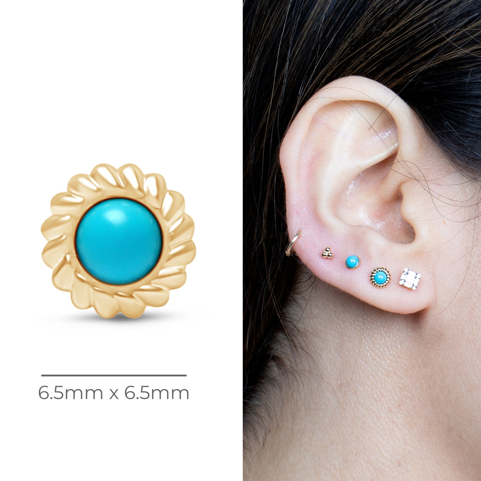 14K Yellow Gold Turquoise Cabochon Stud Earrings - Flat Back Braided Bezel Setting for Women | Perfect for Boho, Western & Everyday Jewelry