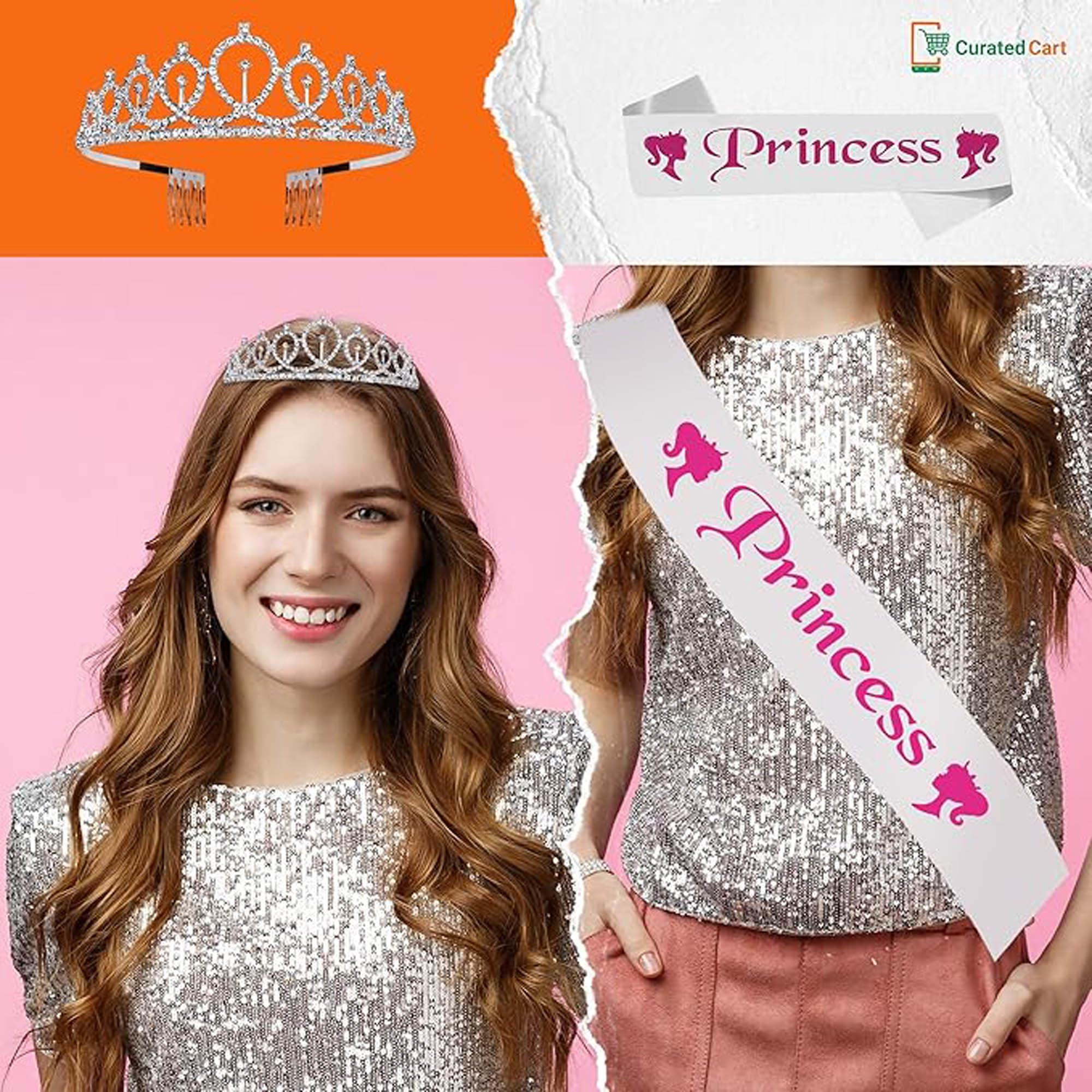 Princess Sash & Crown Set for Birthday Party - Girls Birthday Accessories Combo Kit (White) | Perfect for Birthday Celebrations, Dress-Up Play & Photo Shoots