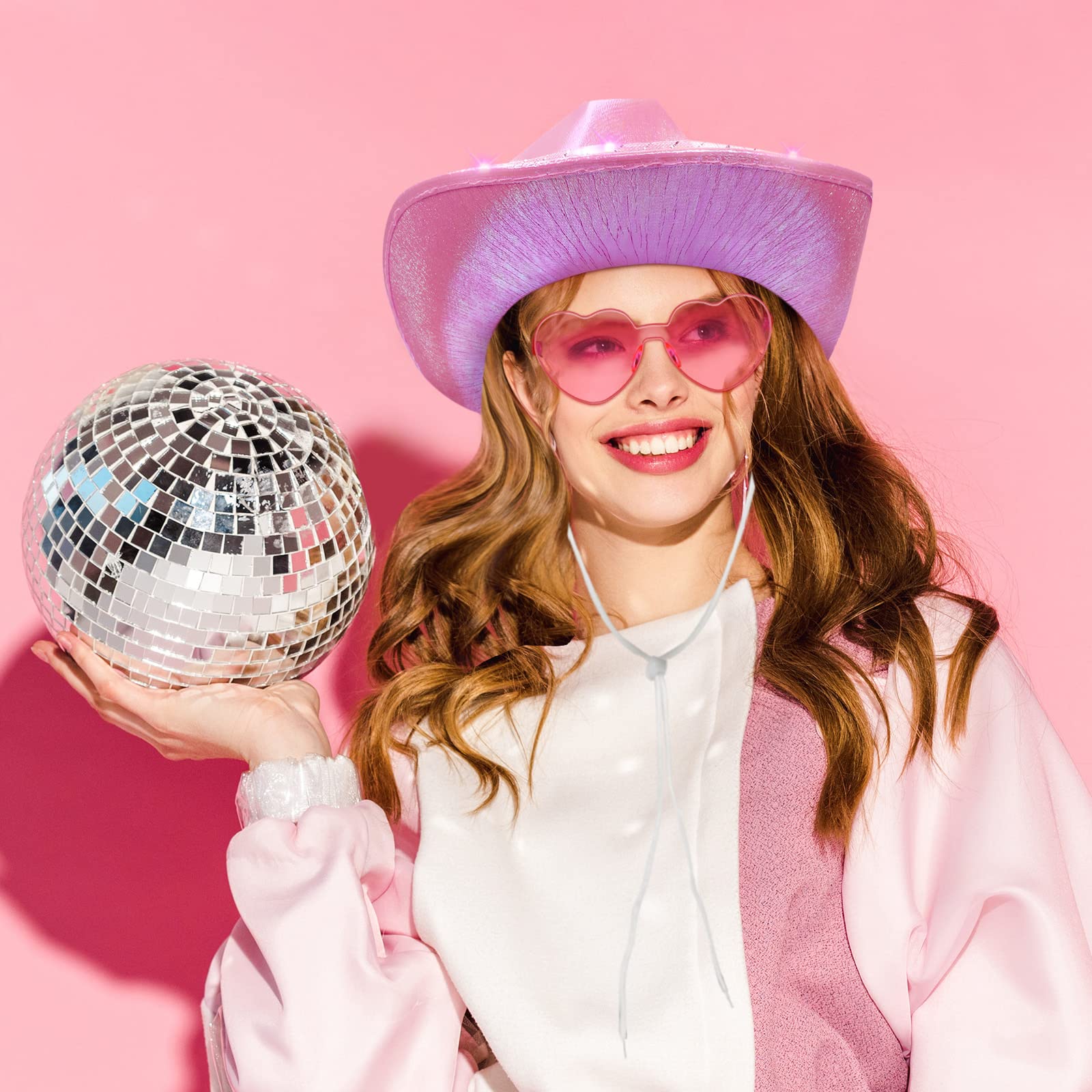 8-Piece Cowgirl Hat Set with LED Lights & Heart Sunglasses - Sparkly Cowboy Hat for Women & Girls - Perfect for Halloween Costume, Party, Rodeo & Western Theme Events