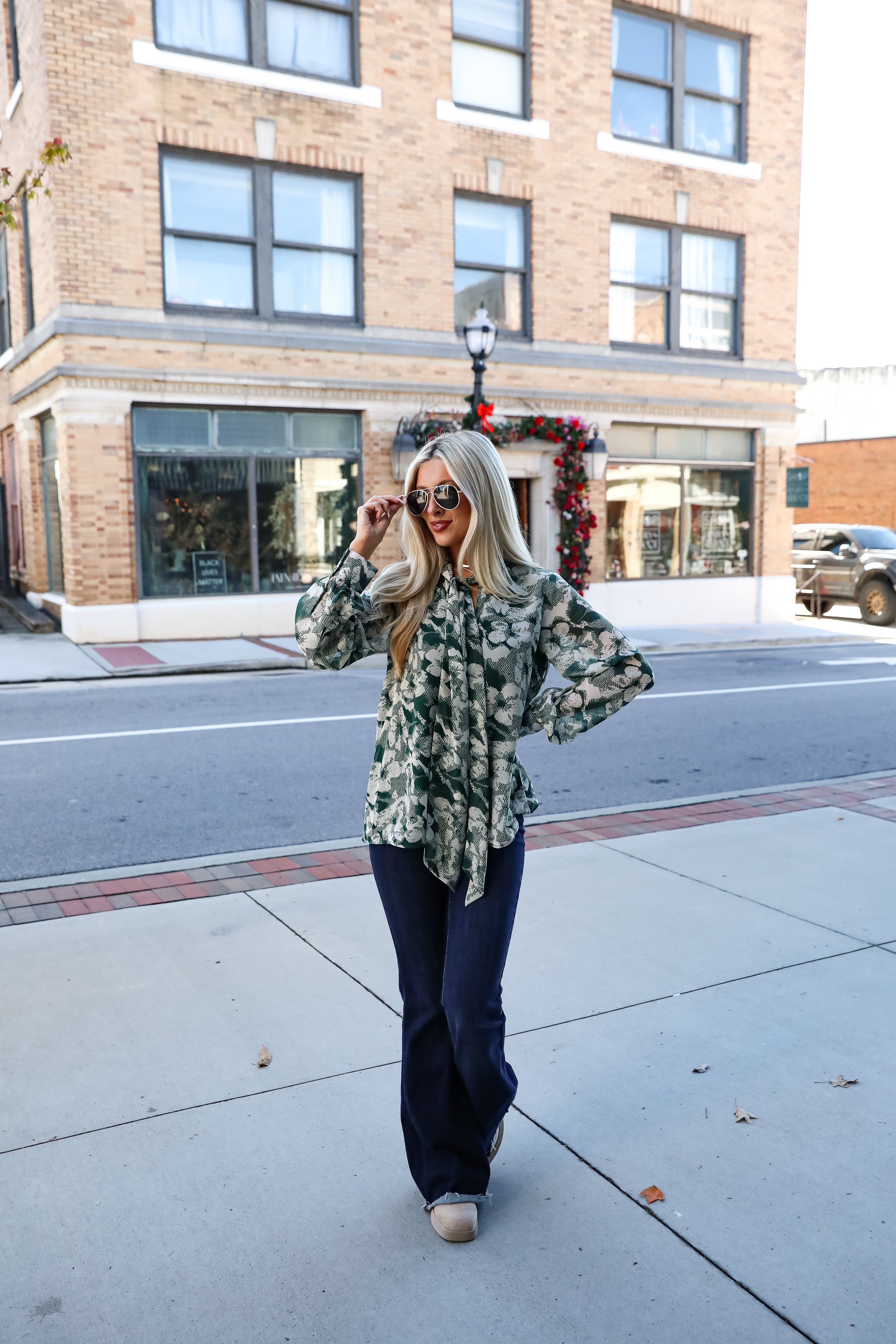 Hunter Green Floral Blouse for Women - Elegant Long Sleeve Tops for Office, Party & Date Night | Final Sale
