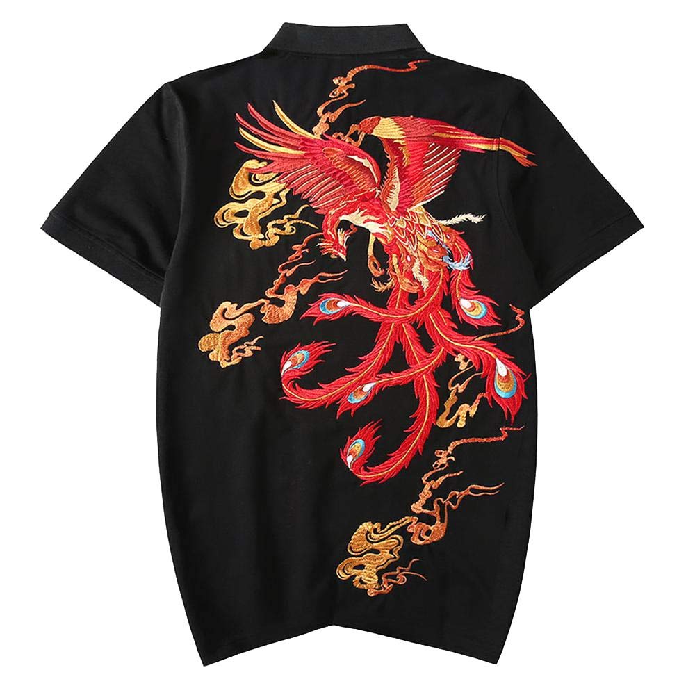 Men's Retro Chinese Style Phoenix Embroidery Polo T-Shirt - Casual Short Sleeve Cotton Tee for Sports, Streetwear & Vintage Fashion