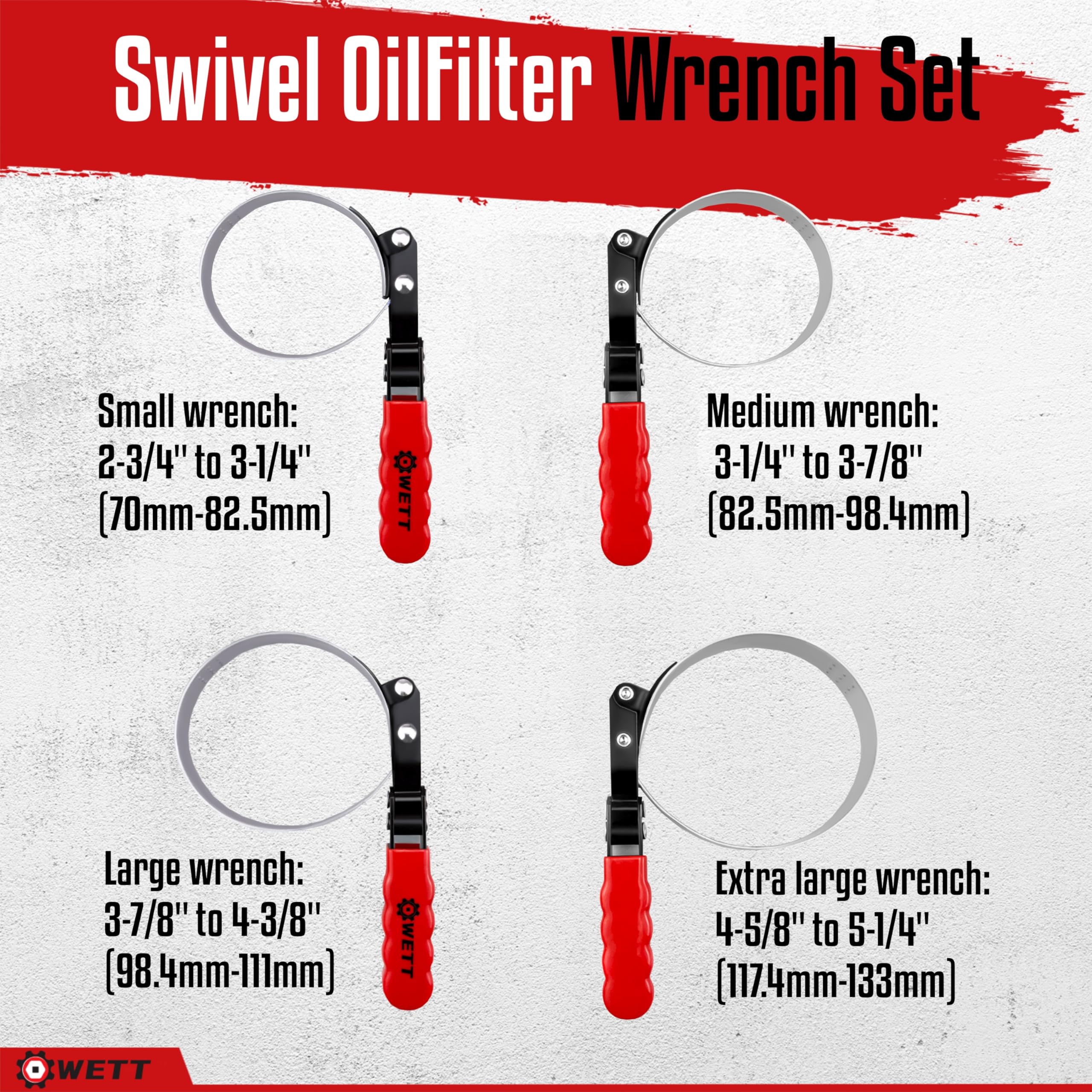WETT 4-Piece Swivel Oil Filter Wrench Set - Standard Oil Filter Removal Tool (2-3/4