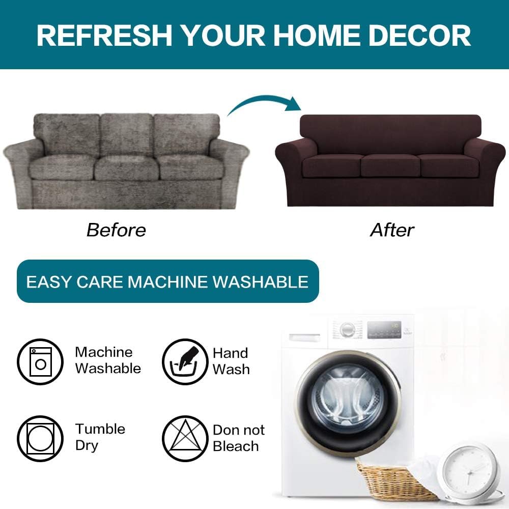 Turquoise 4-Piece Sofa Slipcover Set for 3-Cushion Couch - Washable Jacquard Fabric Furniture Protector with 3 Individual Cushion Covers (XL, Brown) - Perfect for Pet Owners & Living Room Decor