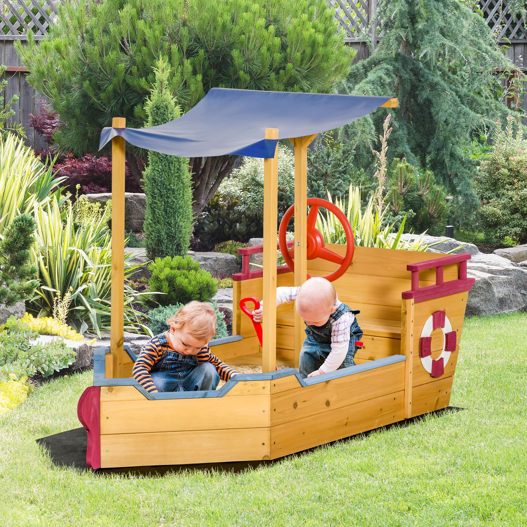 Outsunny Pirate Ship Sandbox with Cover & Rudder - Wooden Outdoor Sandbox with Storage Bench & Seat - Kids Sand Play Toy for Ages 3-8 - Perfect for Backyard, Garden & Playground Fun