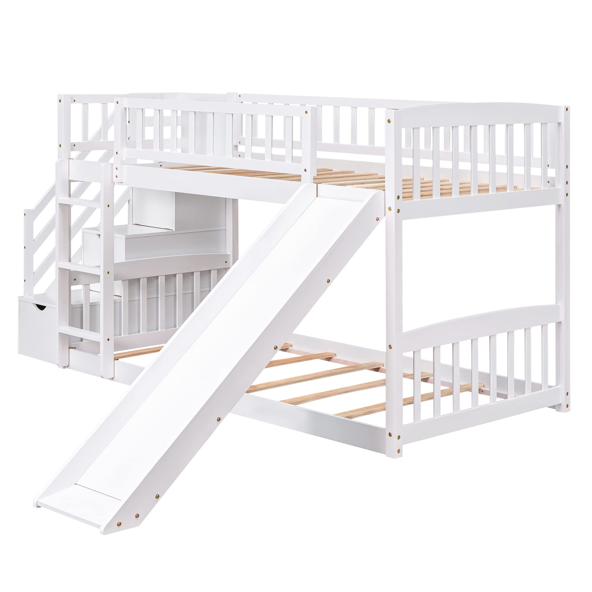 Harper & Bright Designs Twin Over Twin Bunk Bed with Slide, Guardrail & Stairway - Space Saving Kids Bedroom Furniture with 2 Drawers & Handrail - Perfect for Small Rooms, Dorms & Shared Kids' Spaces (White)