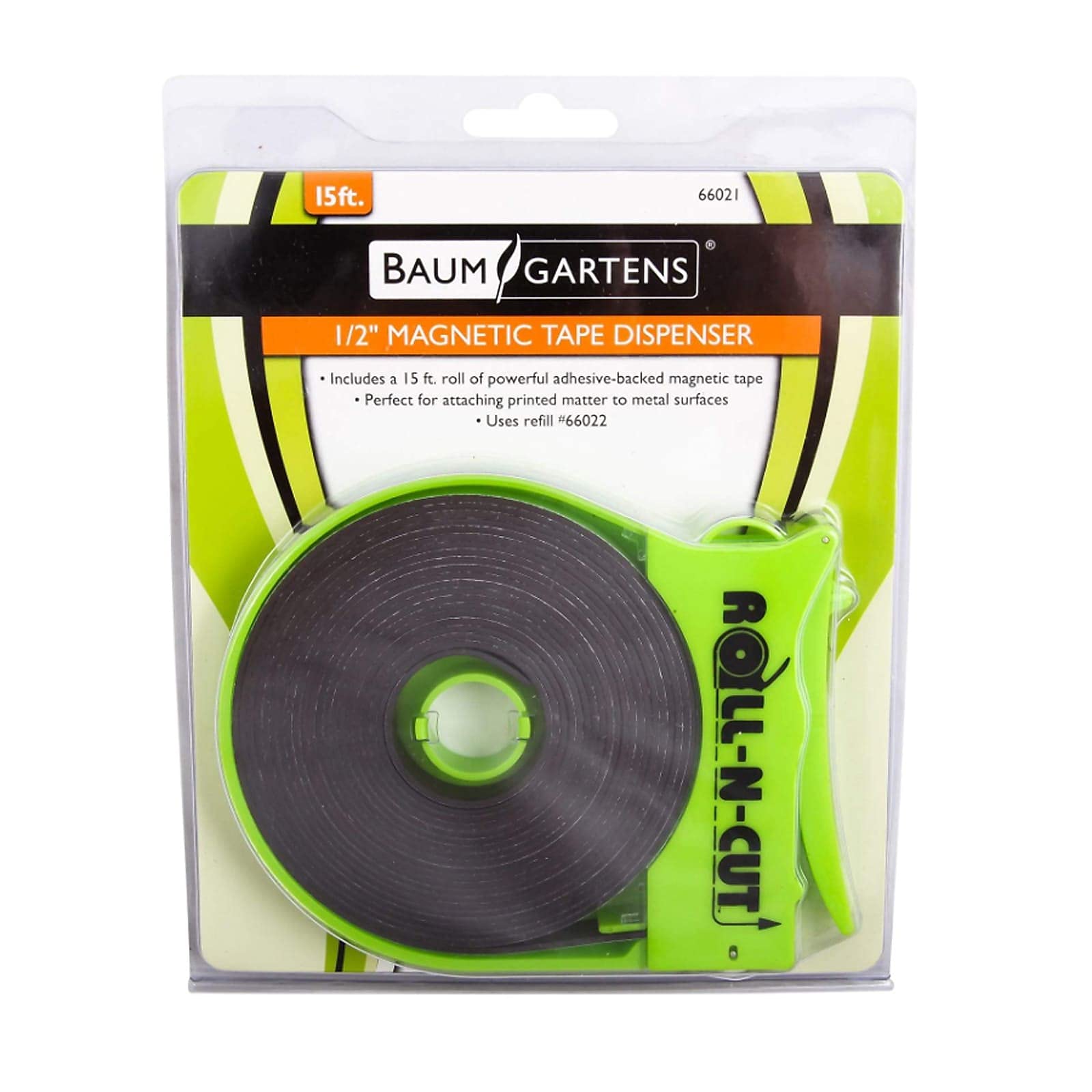 Baumgartens 66021 Magnetic Tape Roll with Dispenser - 1/2-Inch x 15-Ft Black Tape & Green Dispenser - Strong Adhesive for Crafts, DIY Projects, Office Organization & Home Decor