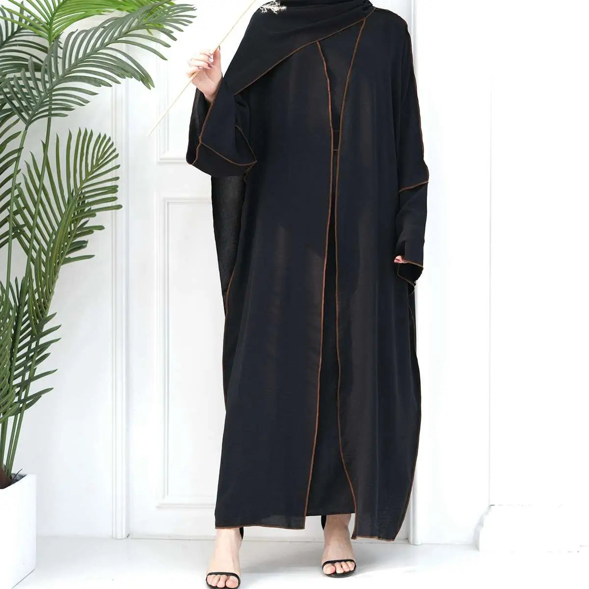 2-Piece Heavy Wrinkle Fabric Open Abaya Dress Set for Women - Modest Muslim Prayer Dress with Long Sleeves - Perfect for Eid, Ramadan & Special Occasions