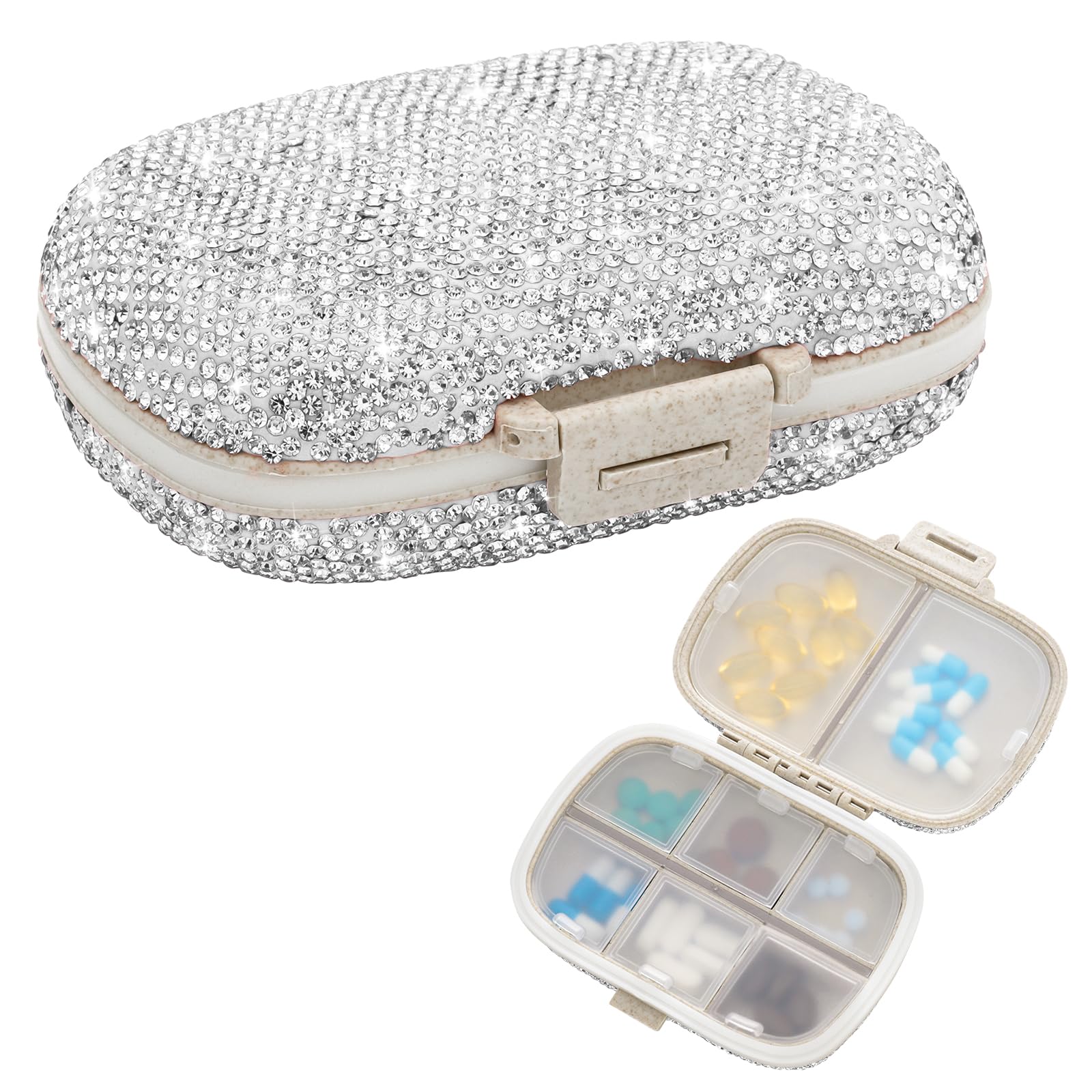 Soleebee 8-Compartment Portable Pill Organizer - Bling Crystal Diamond Pill Box for Daily Vitamins, Fish Oil & Medication - Compact Travel Pill Case for Home, Office & On-The-Go (Silver)