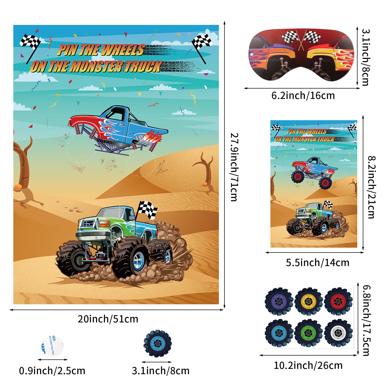 Pin The Wheels on The Truck Game - 36 Pcs Wheels with Large Truck Poster | Fun Kids Birthday Party, Carnival & Truck Theme Party Supplies | Perfect for Birthday Games, Classroom Activities & Family Gatherings
