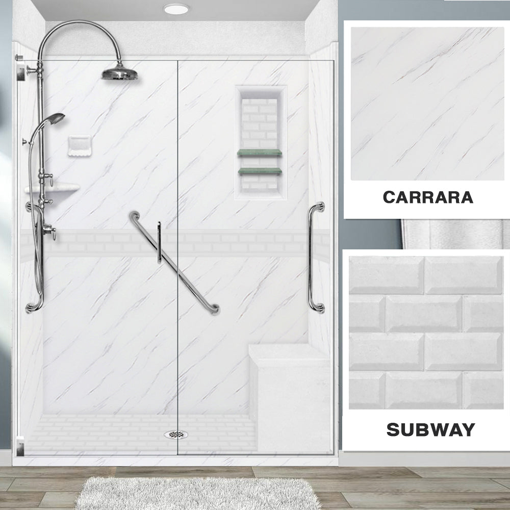 Freedom 60 Alcove DIY Shower Remodel Kit - Carrara Marble & Subway Stone Accent Wall Panel for Bathroom Renovation | Waterproof & Easy Installation | Perfect for Modern Home Upgrades