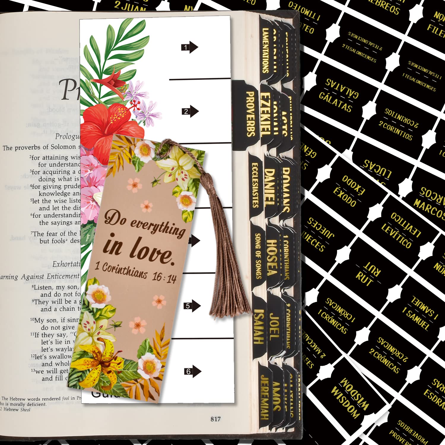 Bible Index Tabs Set - 122 Matte Laminated Floral Design Tabs for Old & New Testament (Black with Gold Foil) | Perfect for Bible Journaling, Scripture Study & Church Gifts