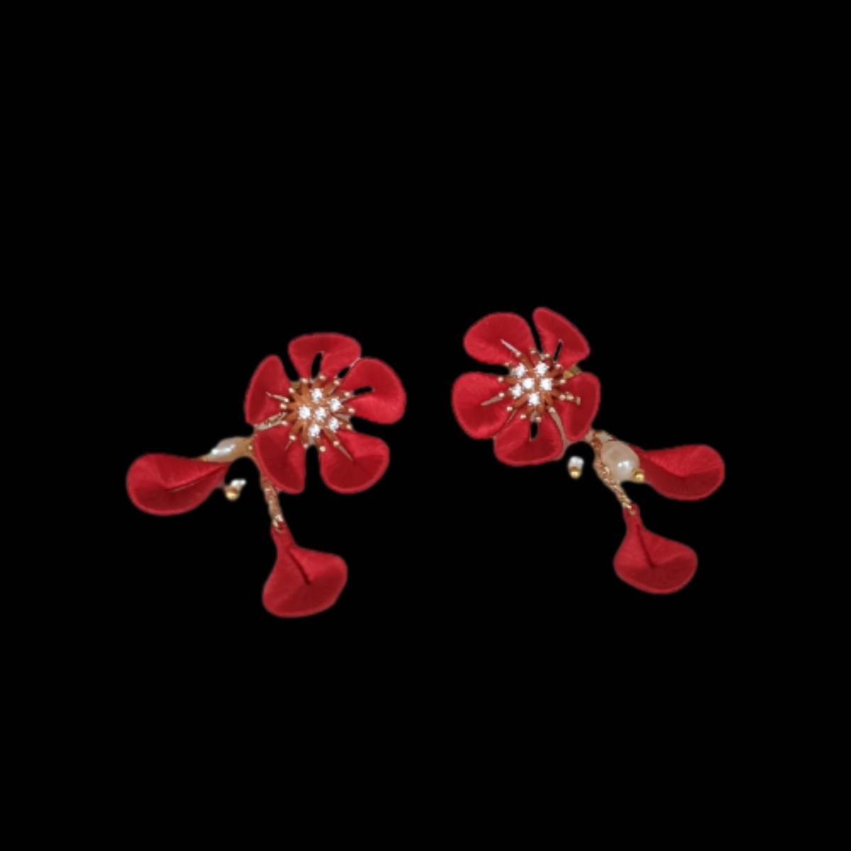 Exquisite Plum Blossom Handmade Earrings | Red Silk Dangle Earrings with Elegant Tassels | Perfect for Weddings, Parties & Special Occasions