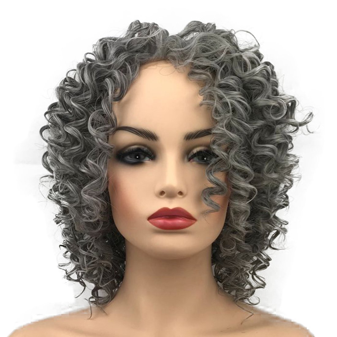 Wiginway Short Grey-White Curly Lace Front Wig - Heat Resistant Synthetic Hair for Daily Wear & Cosplay - Perfect for Parties, Halloween & Costume Events