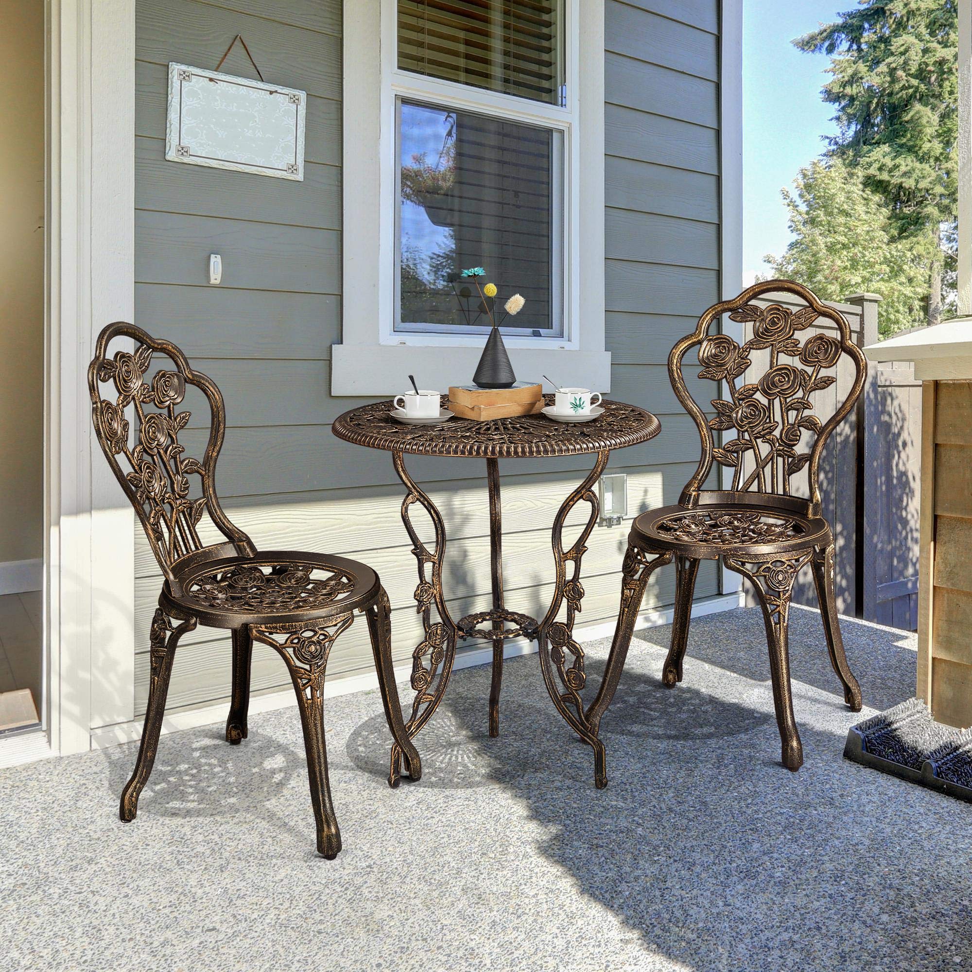 Topeakmart 3-Piece Outdoor Patio Bistro Table Set in Antique Bronze Rose - Durable Cast Aluminum Garden Furniture with Umbrella Hole for Porch, Backyard & Outdoor Dining | Perfect for Entertaining, Relaxing & Summer BBQs