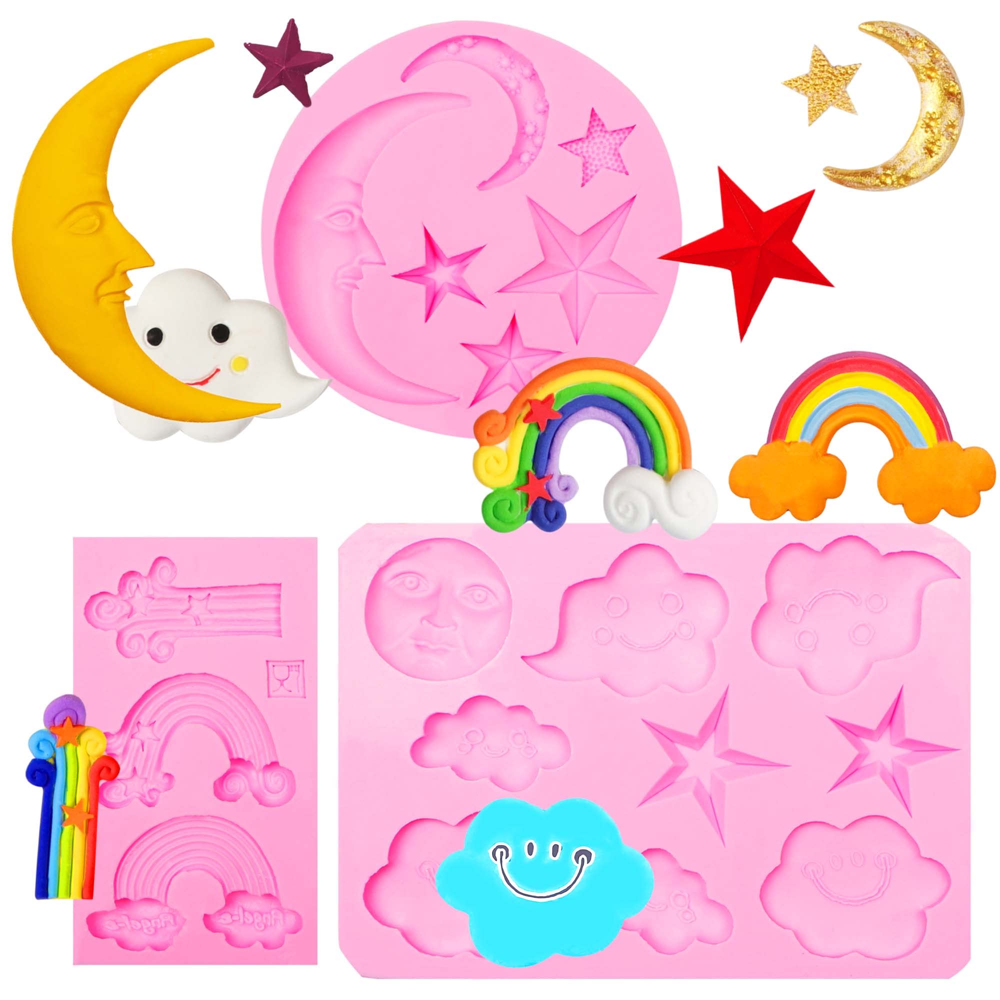 Moon Star Chocolate Silicone Molds - 3 Pack Rainbow Cake Decorating Tools for Fondant, Cupcake Toppers, Candy & Resin Crafts - Perfect for Baby Showers, Birthday Parties & DIY Dessert Making