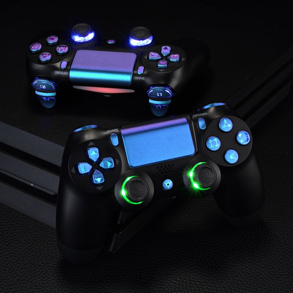 eXtremeRate Multi-Color LED Illuminated Buttons DTFS Kit for PS4 CUH-ZCT2 Controller - Chameleon Purple & Blue - Enhance Gaming Experience with Custom Lighting