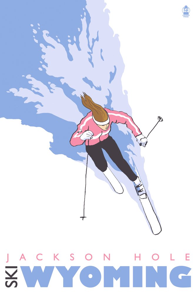 Signed Jackson Hole Wyoming Stylized Skier Woman Art Print - 24x36 Wall Decor Poster for Living Room, Bedroom & Office | Premium Master Artwork for Ski Enthusiasts & Mountain Lovers
