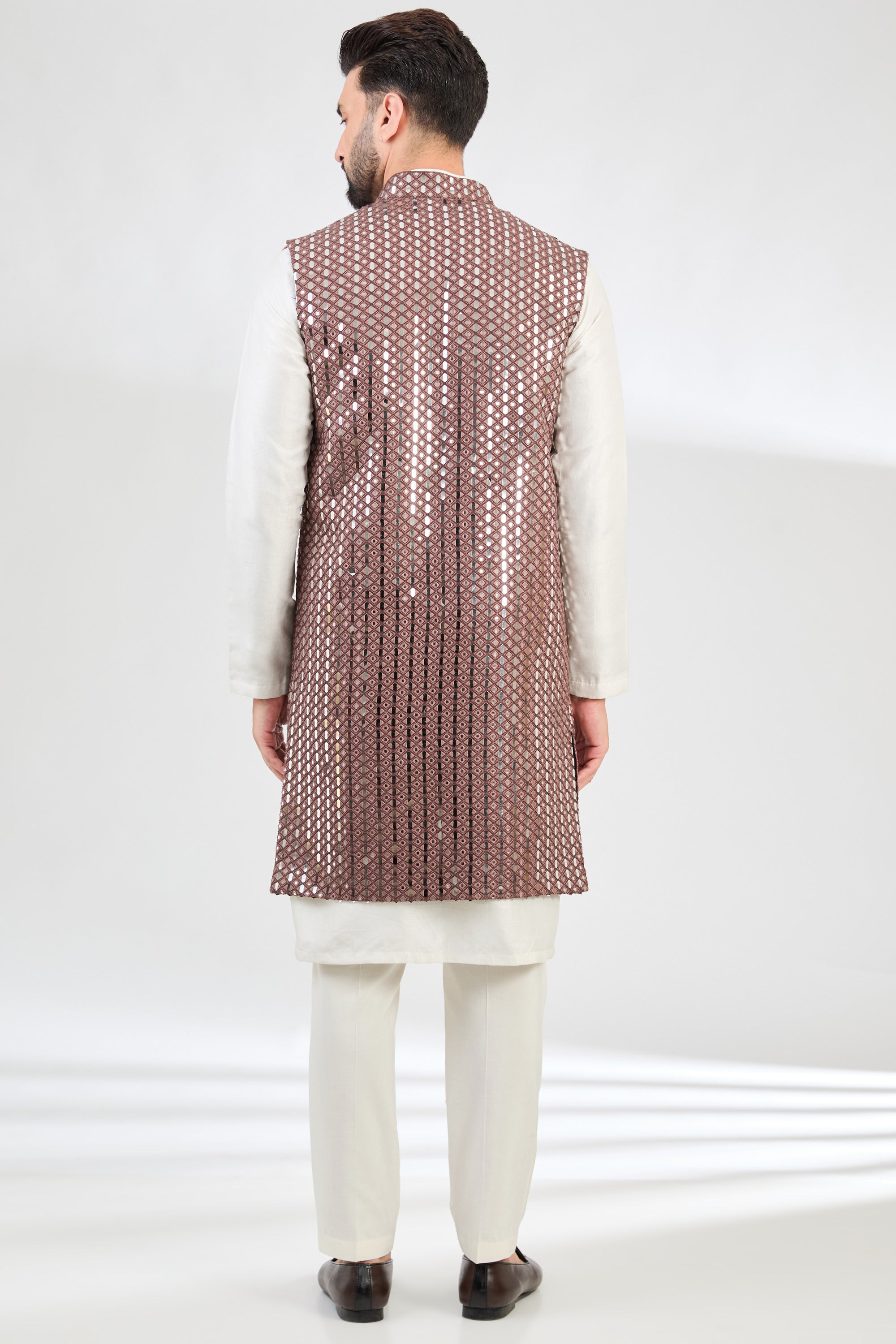 Elegant Mauve Taupe Mirror Work Long Open Shrug - Perfect for Evening Parties, Weddings & Special Occasions