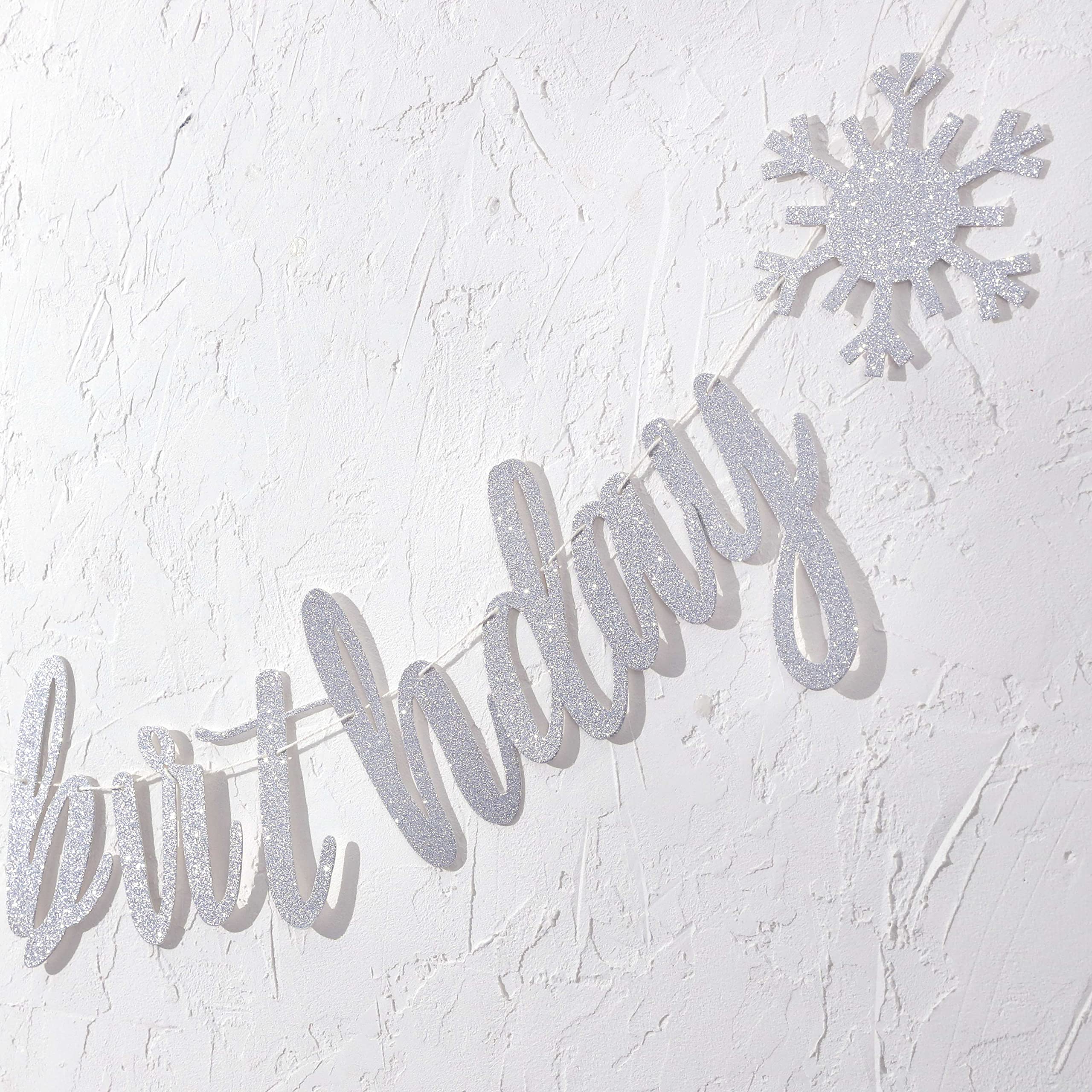Silver Happy Birthday Banner - Snowflake Birthday Party Decoration, Glitter Bunting for Winter Wonderland Theme, Snowflake Garland for Birthday & Holiday Celebrations | Perfect for Winter Parties, Christmas Decor, and New Year Events