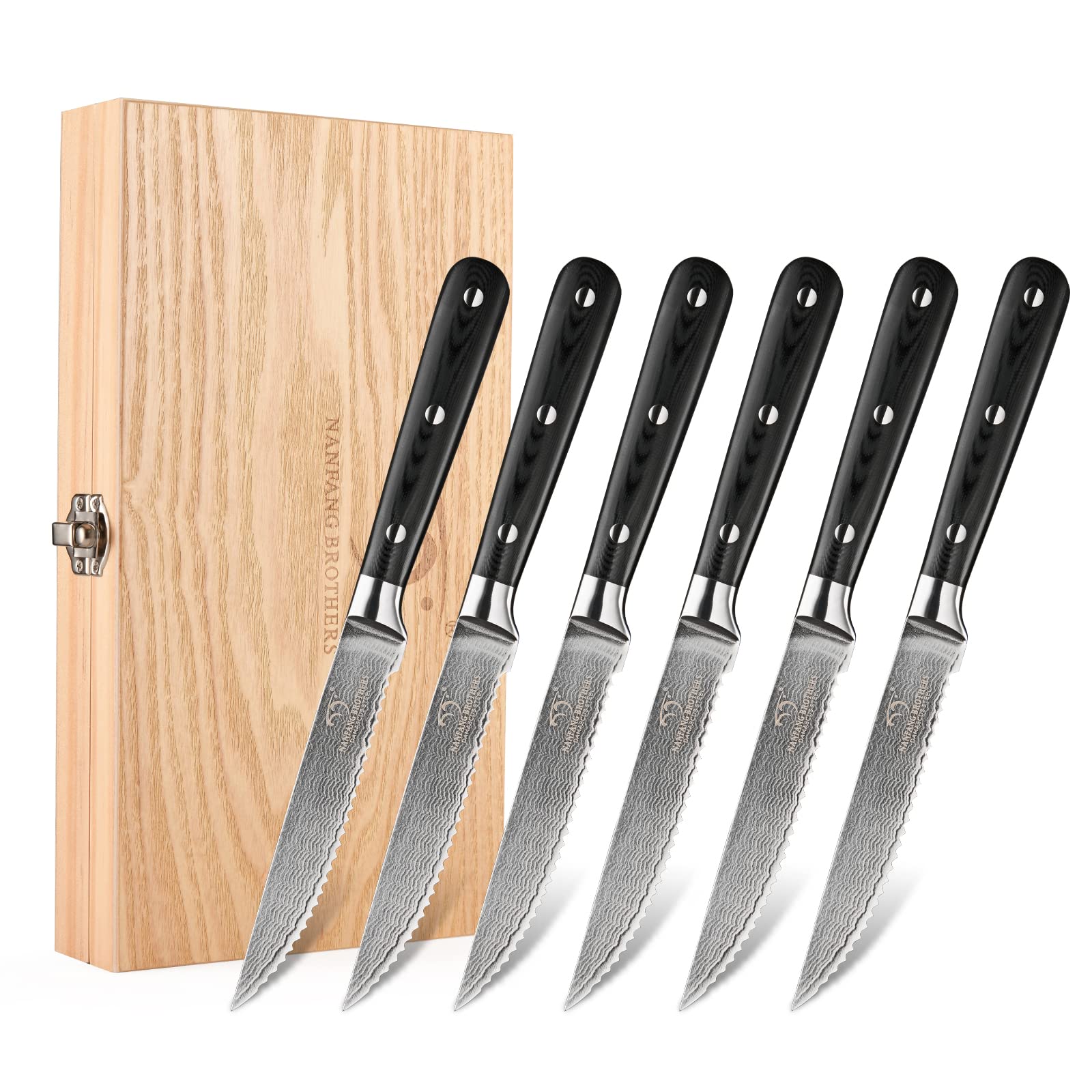 Premium Damascus Steel Serrated Steak Knife Set - 6 Pack with Wooden Gift Box | 5