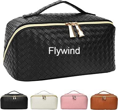 Flywind Travel Makeup Bag for Women - PU Leather Cosmetic Organizer with Large Opening | Portable Toiletry Case for Makeup Brushes & Cosmetics | Perfect for Vacation, Gym & Daily Use (Black)