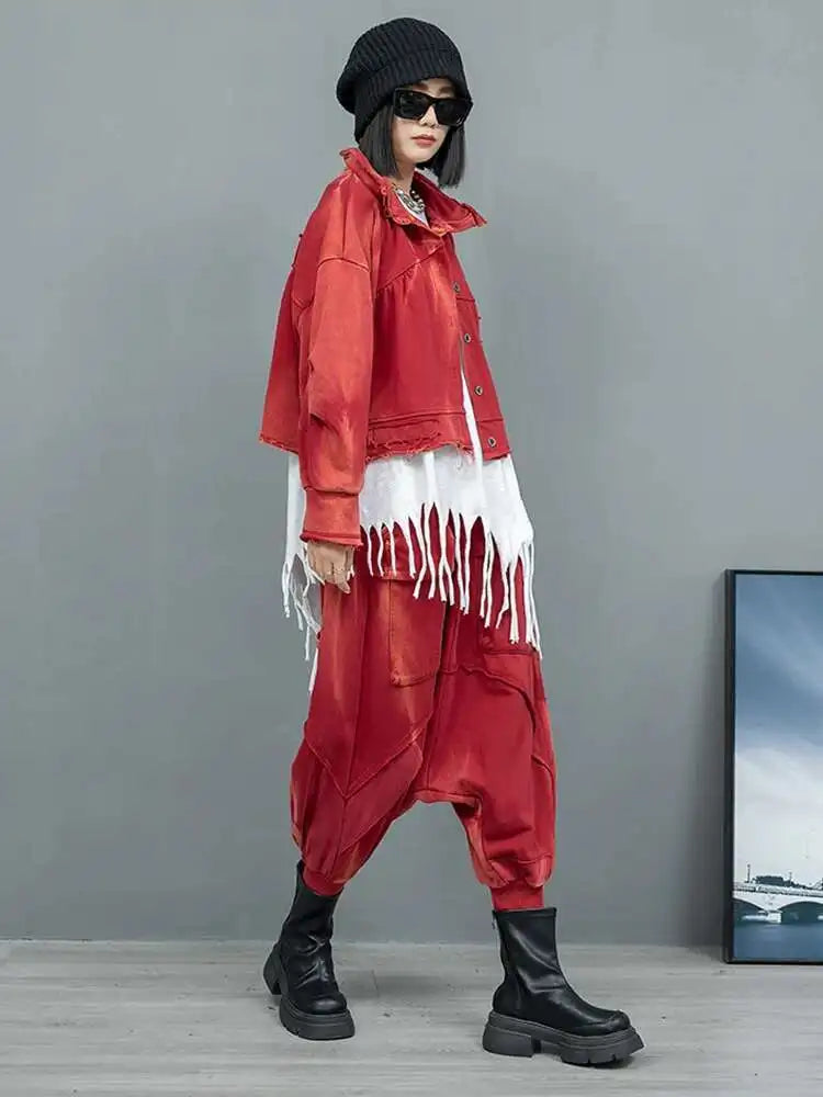 Big Size Red Short Jacket with Pocket & Cross Pants Two-Piece Suit - Women's Fashion Lapel Long Sleeve Outfit for Spring/Autumn 2025 | Casual Wear, Office Attire & Street Style