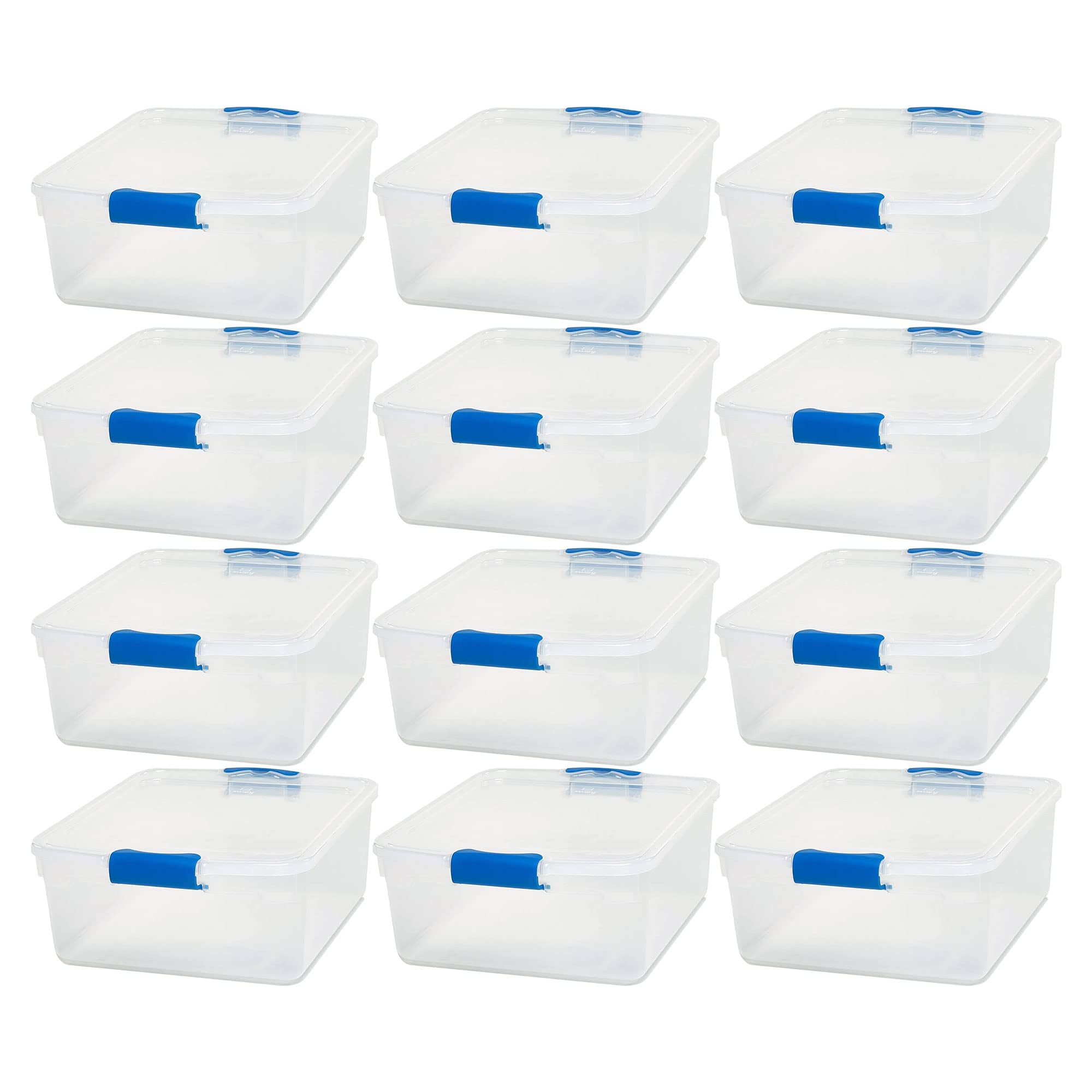 HOMZ 12-Pack Clear Plastic Storage Bins with Lids - 15.5 Quart Organizing Containers with Blue Latches | Perfect for Pantry, Closet, Garage & Toy Organization