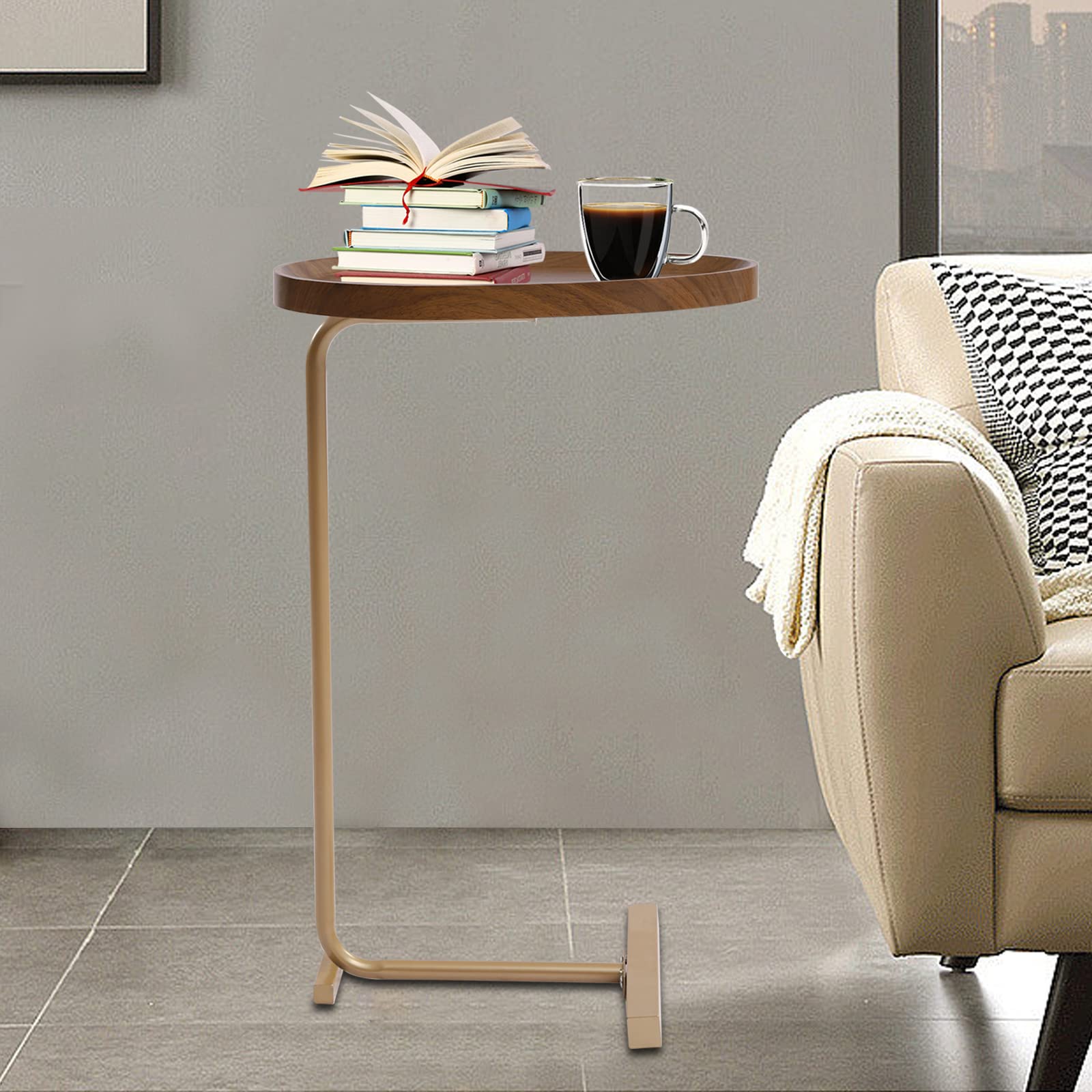 C-Shaped End Table with Gold & Walnut Finish - Freestanding Coffee Couch Desk for Laptop, Bedroom, Living Room & Office - Compact Side Table for Small Spaces, Sofa Snacking & Workspace Convenience