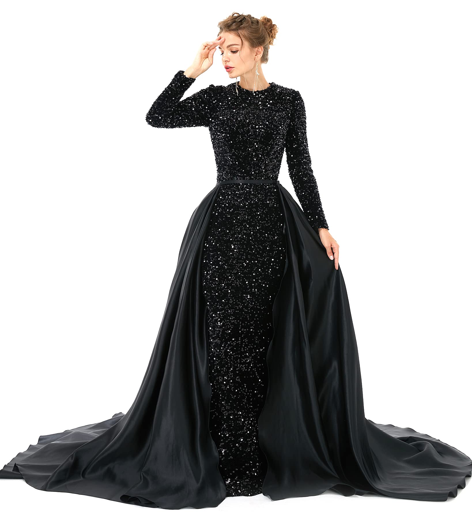 Elegant Women's Long Sleeve Sequin Mermaid Evening Dress with Detachable Sleeves - Perfect for Prom, Gala, Wedding & Formal Events