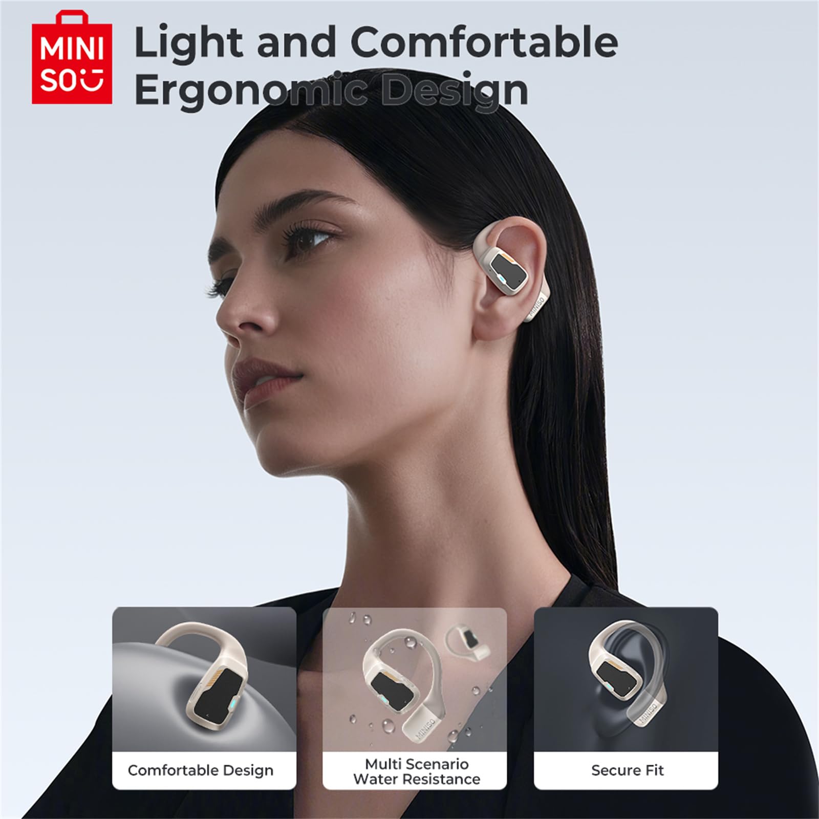 MINISO M98 Open Ear Bluetooth 5.4 Wireless Earbuds with LED Display & Secure Earhooks - Perfect for Running, Gym, Driving & Office Work | Sweatproof OWS Earphones for Sports & Daily Use
