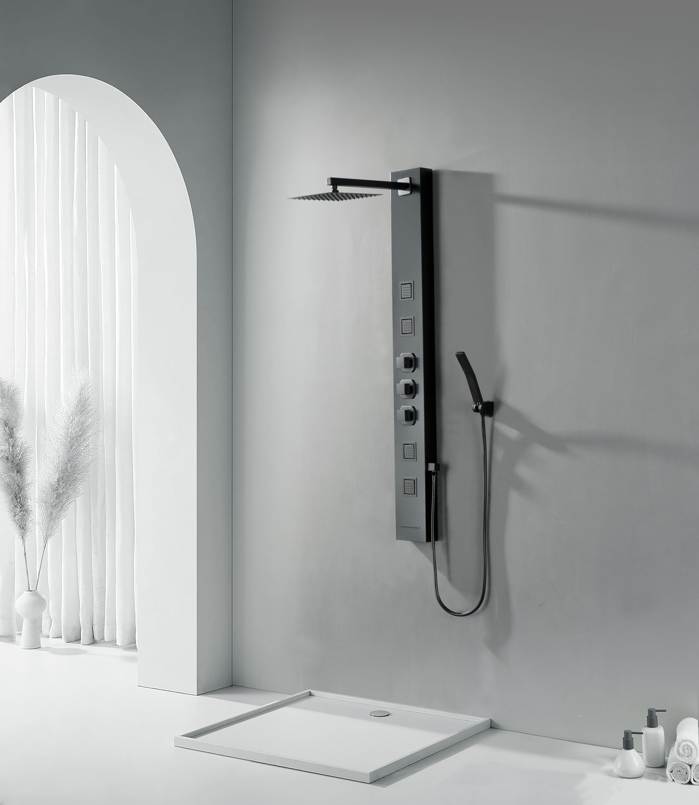 Homevacious Stainless Steel Shower Panel Tower System - Wall Mount Rainfall Shower Head with 4 Massage Jets, Handheld Shower & Tub Spout - Matte Black Bathroom Upgrade for Spa-Like Experience