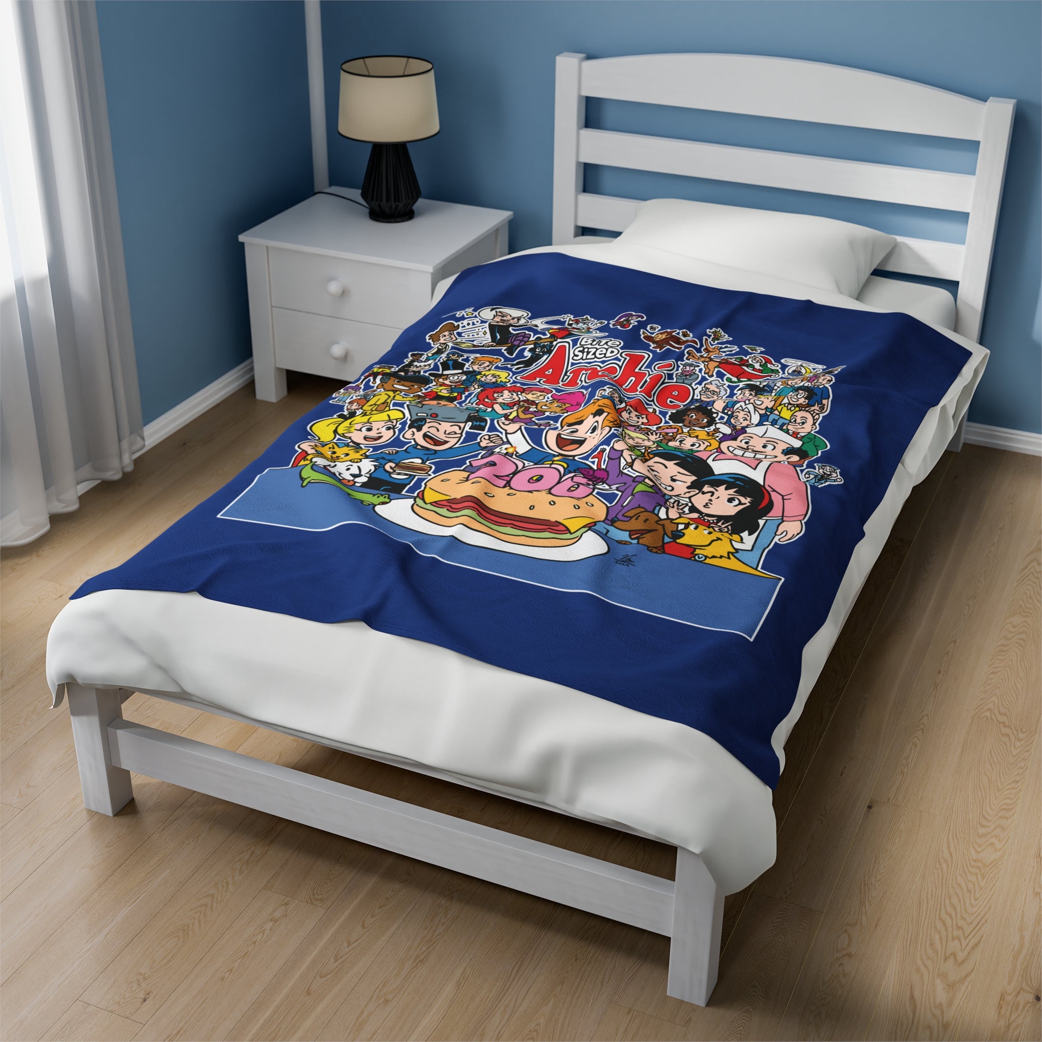 Bite Sized Archie 200th Story Velveteen Plush Blanket - Soft Throw Blanket for Adults & Kids (3 Sizes) with Cheeseburger Cake Design - Perfect for Bedroom, Sofa, Movie Nights & Gifts