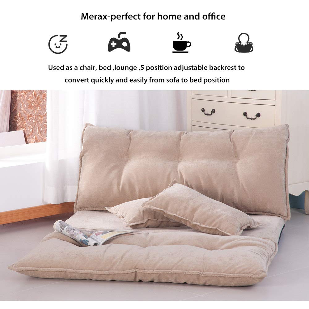 Foldable Floor Sofa Bed - Soft Upholstered Adjustable Recliner Lounger for Living Room, Gaming, and Guest Sleeping | Includes 2 Pillows | Beige | Perfect for Small Spaces, Movie Nights, and Relaxation
