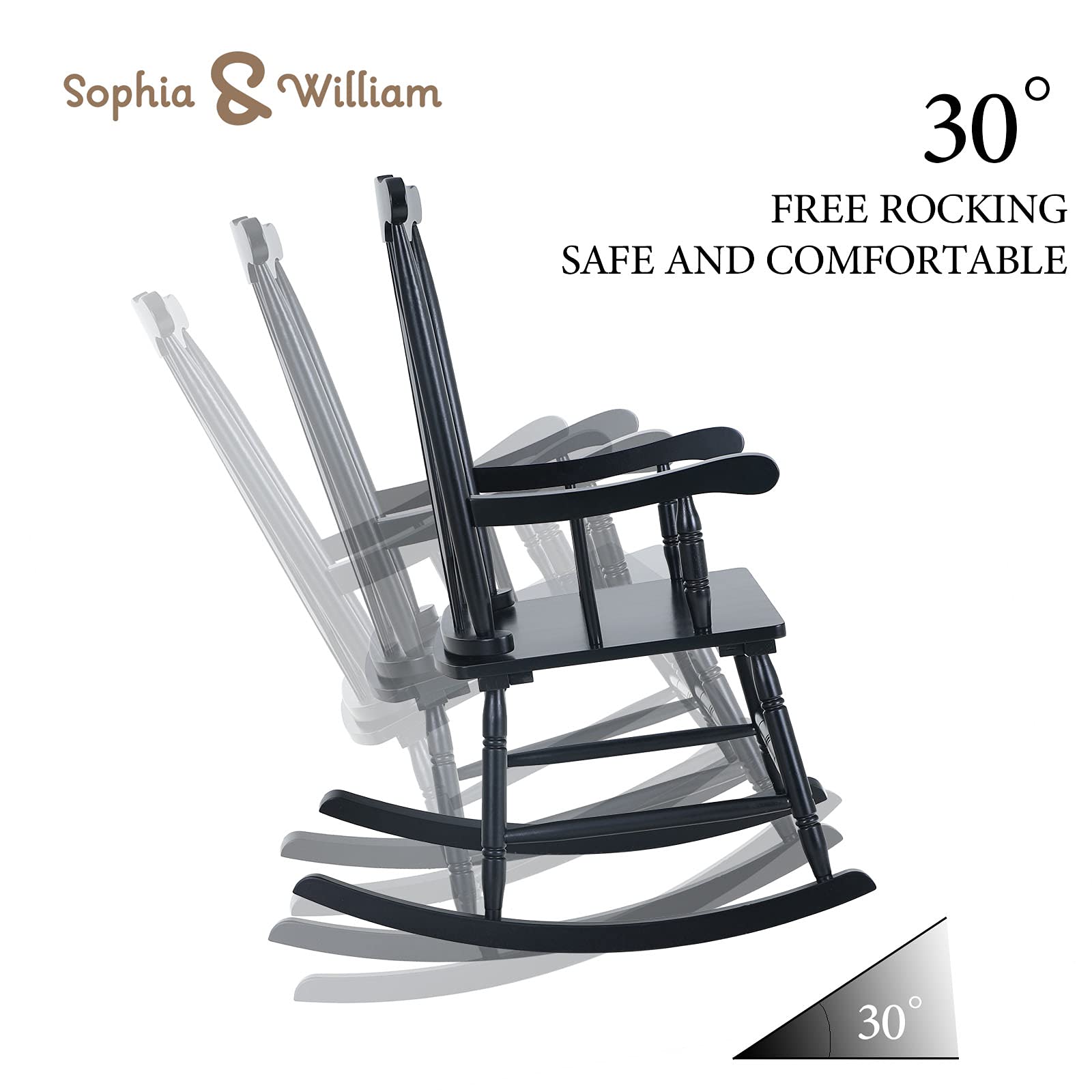 Sophia & William Modern Outdoor Wooden Rocking Chair - Poplar Wood with Fan-Shaped Back - 300 lbs Weight Capacity - Perfect for Porch, Patio, Garden, Lawn, Balcony, Backyard & Indoor Use - Black (1 Pack)