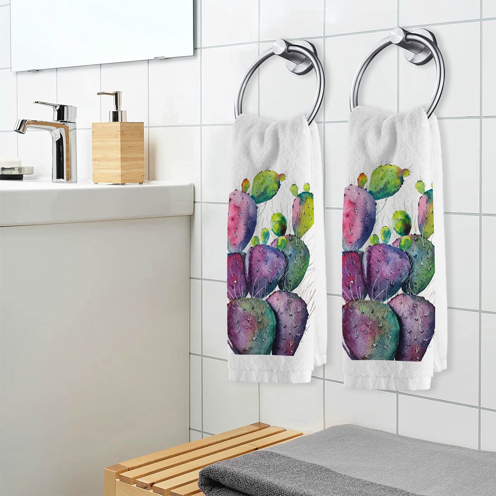 ALAZA Cactus Watercolor Hand Towels - 100% Cotton Bath Towels for Kitchen & Bathroom, 16x30 Inch, Ultra Soft & Absorbent, Skin-Friendly, Set of 2 - Perfect for Spa, Gym, and Guest Bathrooms