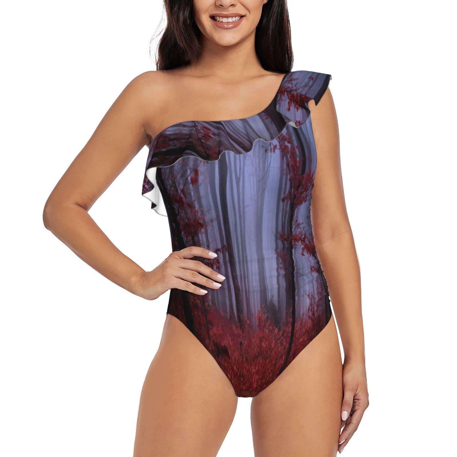 BORWTGY Women's One Piece Swimsuit with Ruffled Neckline - Asian Elephant Print Bathing Suit for Beach, Pool, and Vacation