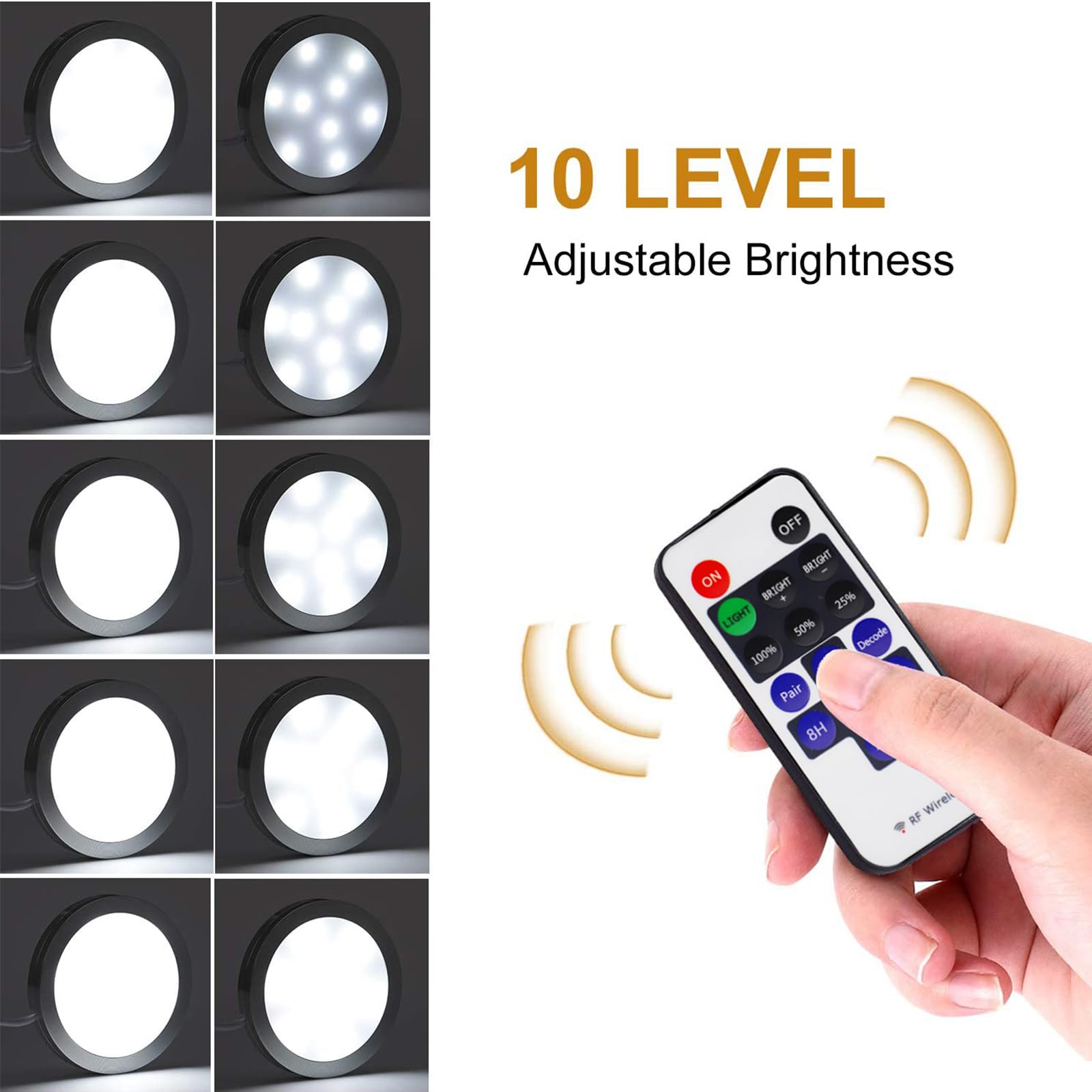 AIBOO 12V LED Under Cabinet Lighting Kit - 6 Pack Black Cord Aluminum Puck Lights with Wireless Dimmable RF Remote Control - 6000K Daylight White for Kitchen Counter, Closet & Shelf Lighting - Energy Efficient 12W LED Lights for Home & Office Use