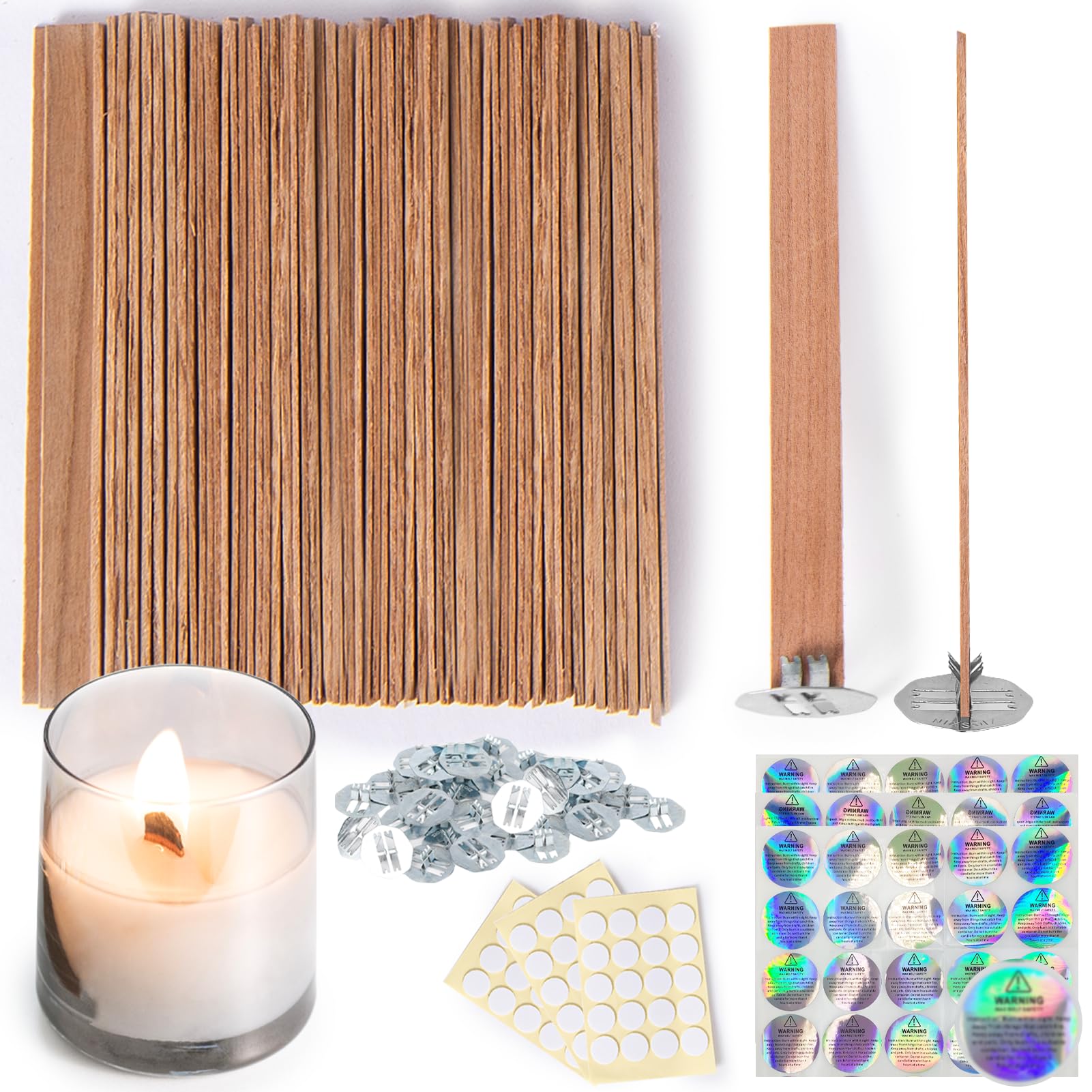 Premium 60-Piece Cherry Wood Candle Wicks Set - Extra Thick Wooden Wicks for Long-Lasting Flame - Includes 60 Stands, 60 Glue Dots & 60 Warning Labels - Perfect for DIY Candle Making, Home Decor & Relaxation Gifts