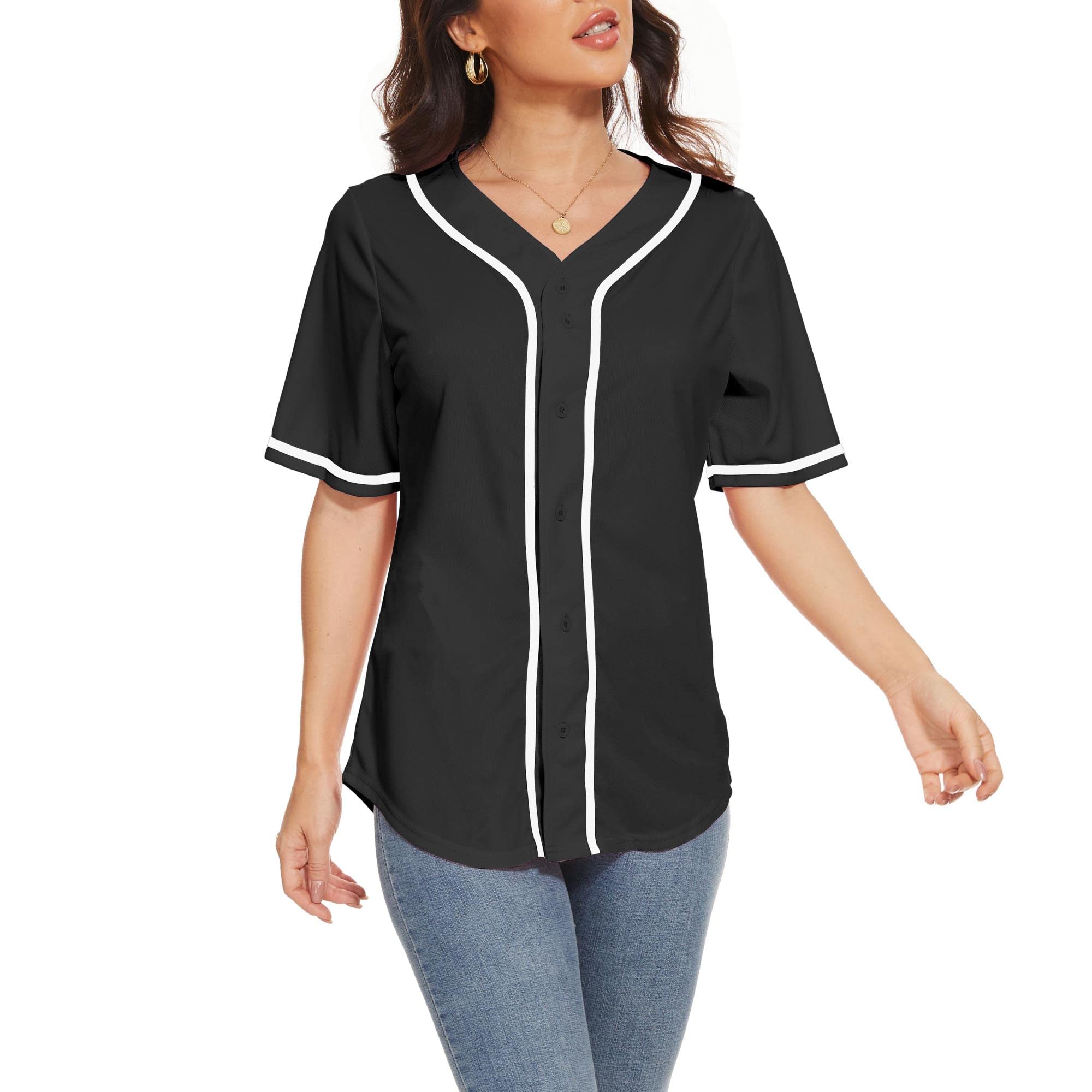 Women's Baseball Jerseys - Blank Button Down V-Neck Softball Team Uniform with Wide Stripes | Fashionable Short Sleeve Top for Casual Wear, Sports Games & Team Events