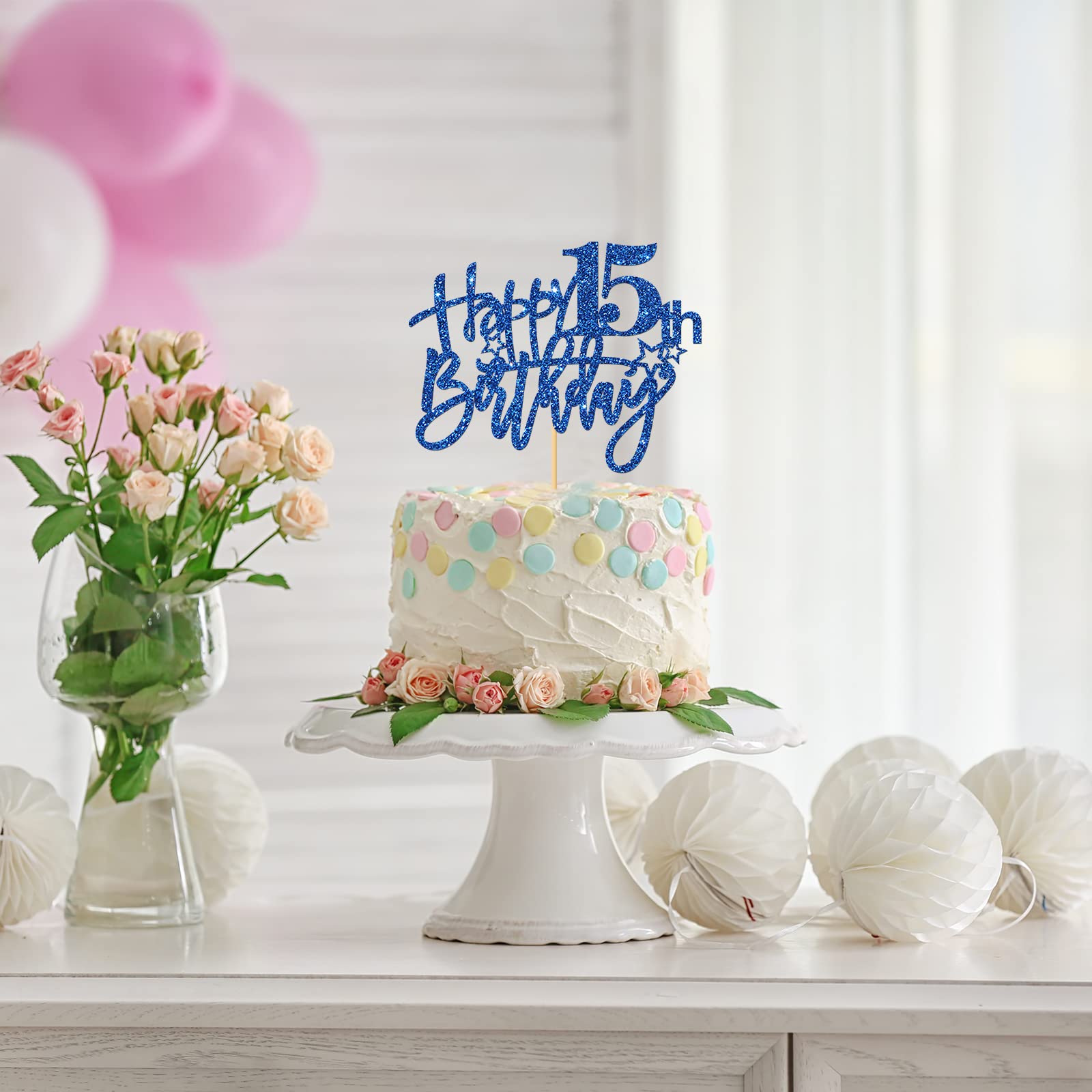 15th Birthday Cake Topper - Glitter Blue Cake Decor for 15 Year Old Girl or Boy - Teen Birthday Party Supplies - Perfect for Sweet 15 Celebrations & Quinceañera Parties