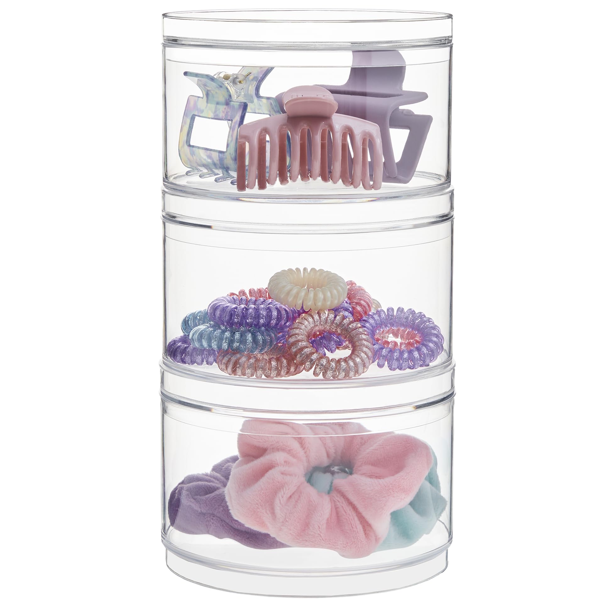 STORi Bella 3-Piece Stackable Clear Plastic Storage Containers with Lids | Round Vanity Organizer for Hair Accessories, Makeup & Beauty Supplies | Bathroom Countertop & Dresser Organization | Made in USA