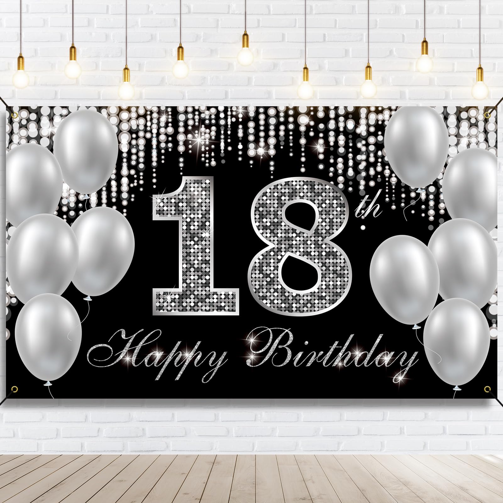 Happy 18th Birthday Banner Backdrop - Black & Silver Fabric Decor for Boys & Girls - Yard Sign & Photo Props for Adult Birthday Parties - Perfect for Indoor & Outdoor Celebrations